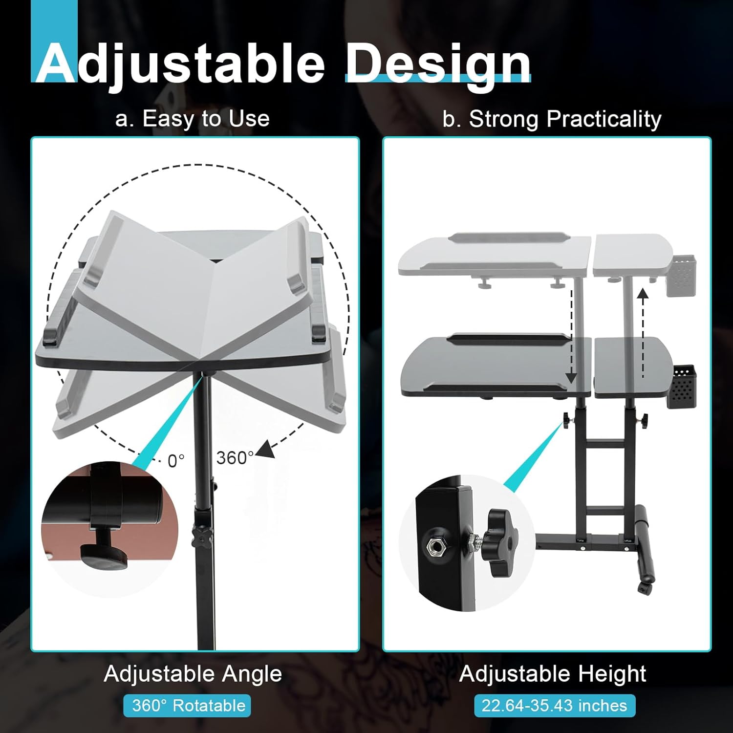 CNCEST Estación de trabajo portátil de tatuajes móviles para reposabrazos, mesa de trabajo con ruedas universales, altura ajustable