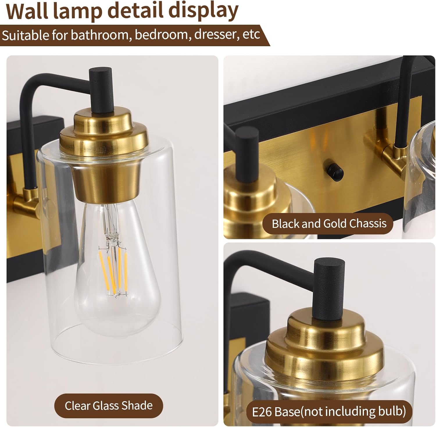 2 lámparas de tocador de baño, modernas luces negras y doradas, lámparas de baño sobre espejo con pantalla de vidrio transparente, apliques de pared