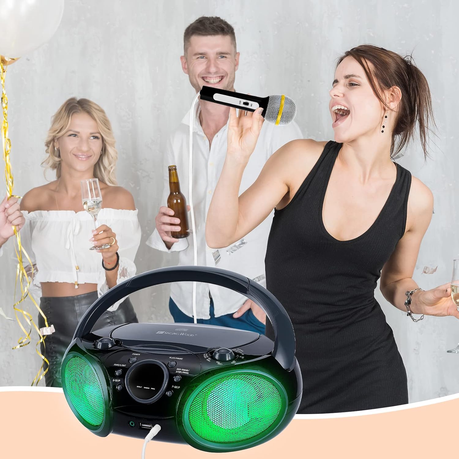 SingingWood NP030AB-GK – Sistema de karaoke portátil, reproductor de CD portátil con Bluetooth para radio estéreo AM FM en el hogar, conector para