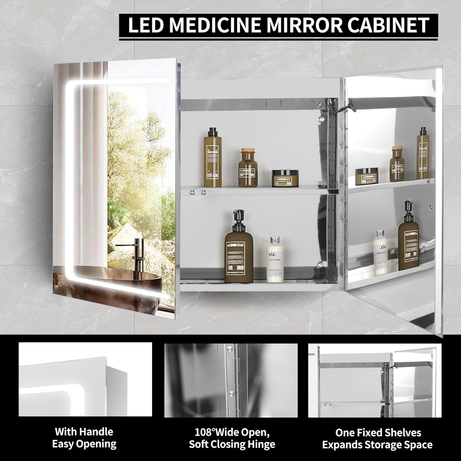 Movo Botiquín iluminado con espejo para baño, 24 x 32 pulgadas de montaje en superficie con espejo y luz LED, gabinete de baño con puertas dobles