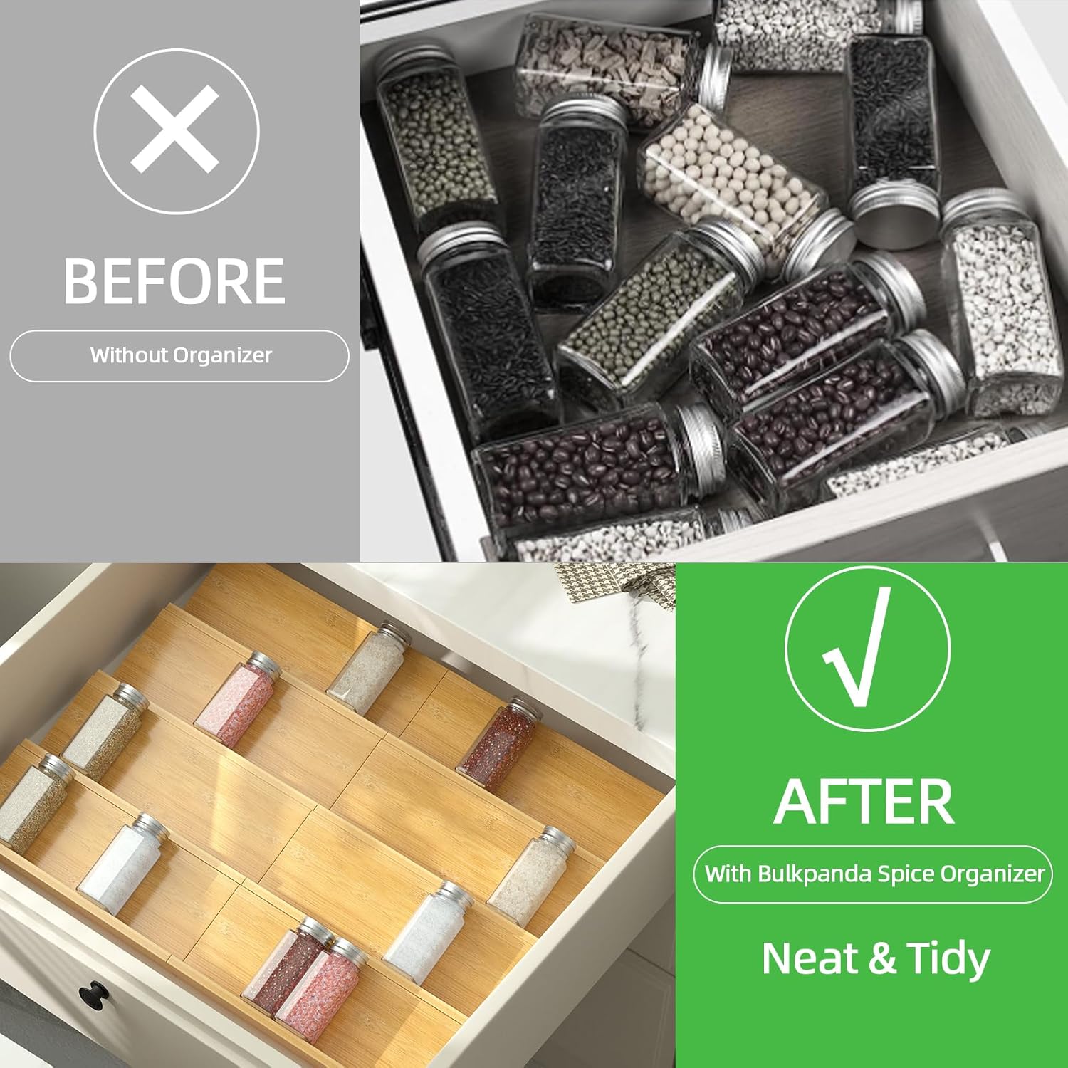 BulkPanda Organizador de cajones de bambú para especias, 10 tarros de almacenamiento de especias para condimentos, organizador de cajones, juego de