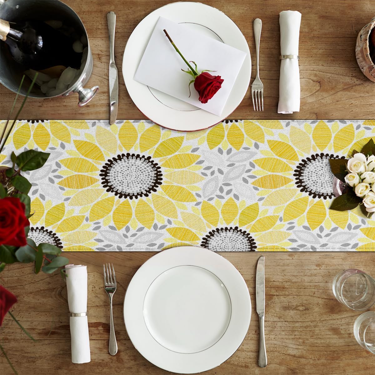 Camino de mesa de flores abstractas, mantel de lino rústico otoñal, decoración de mesa de cocina y comedor para fiesta en el hogar, 13 x 72 pulgadas