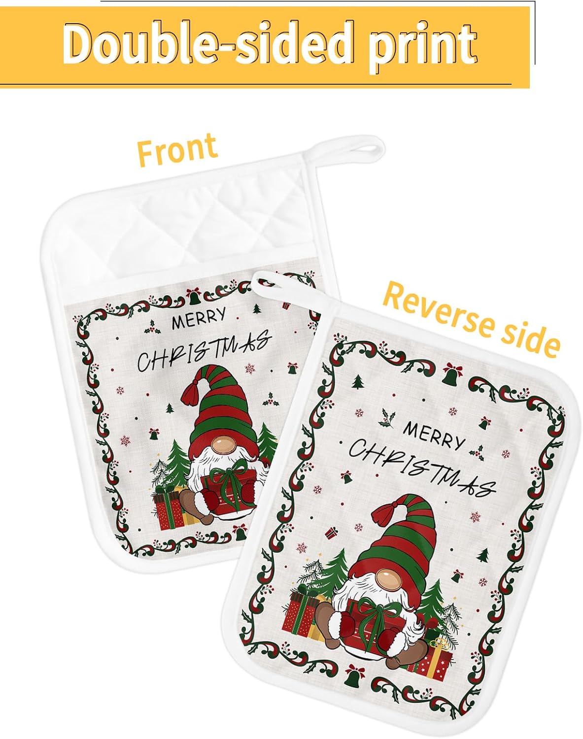 Christmas Gnomes 3Pcs Pot Holders for Kitchen,Non Slip & Heat Insulation Terry Cloth Potholder Set with Pocket,Thick Hot Pad Oven Mitts Trivet