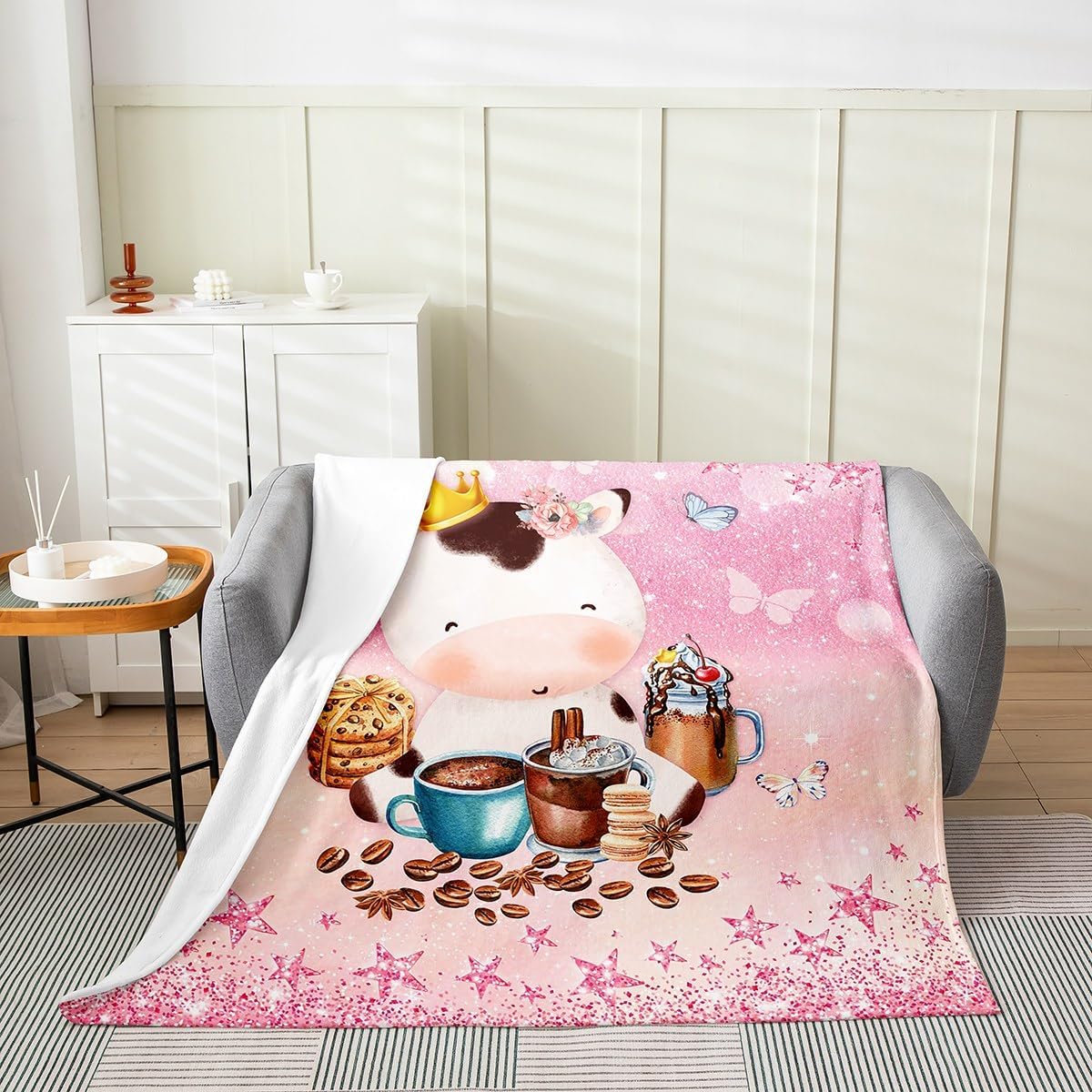 Bonita manta de franela con diseño de vaca de 40 x 50 pulgadas, con purpurina y estrellas rosadas y mariposas salvajes, para niños, niñas y