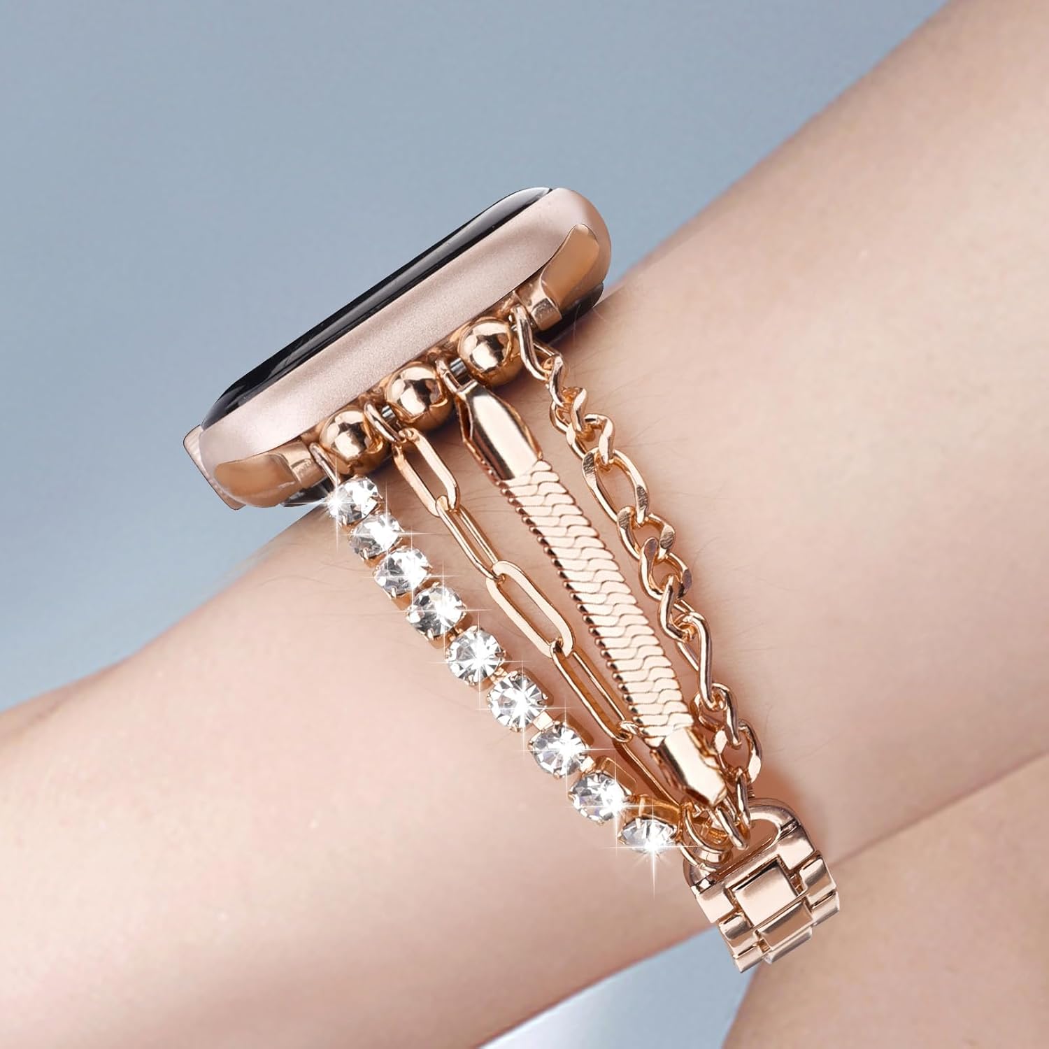 CAGOS Pulsera de cadena compatible con Apple Watch Band de 1.49, 1.57, 1.61, 1.65, 1.73 y 1.77 pulgadas, correa delgada de acero inoxidable de metal