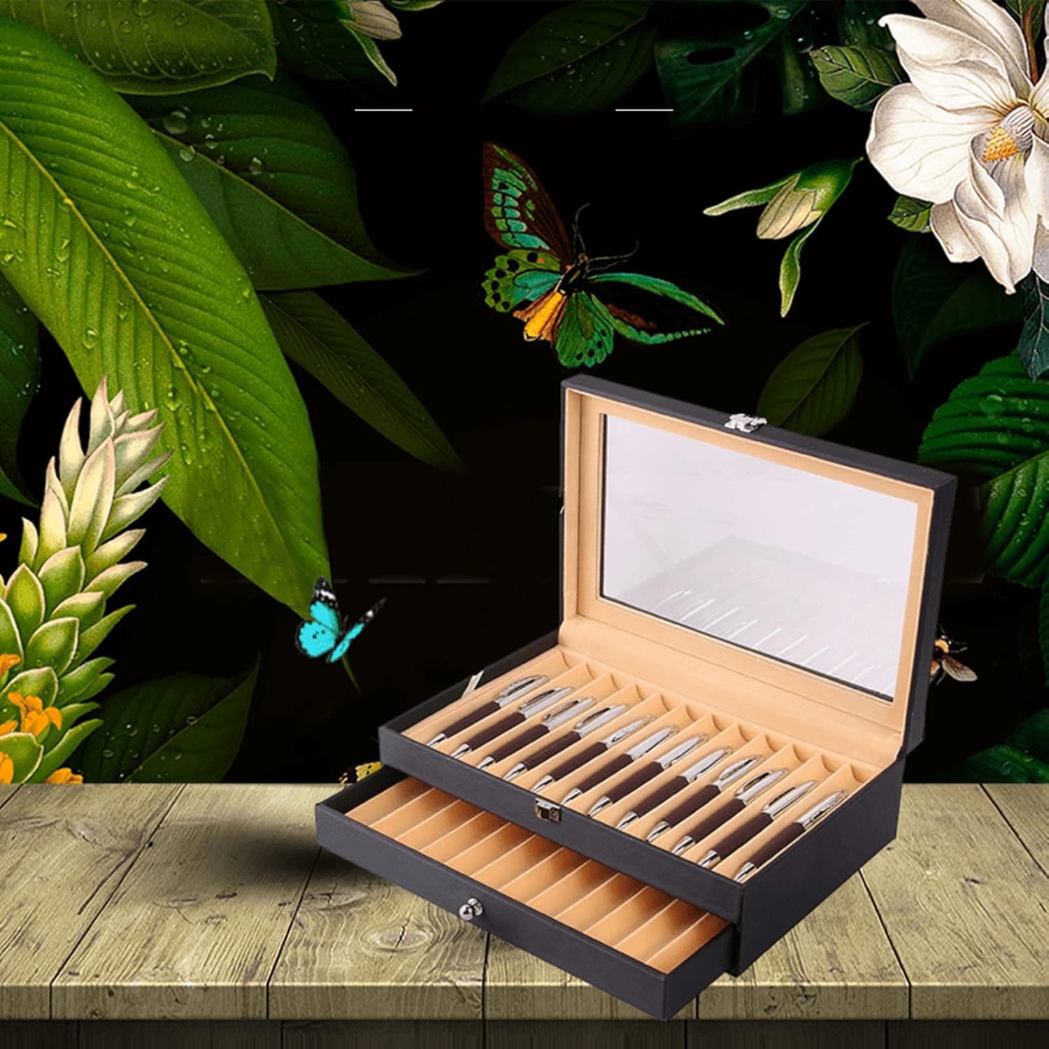 Gdrasuya10 Caja de exhibición de bolígrafos de franela de cuero, caja organizadora de bolígrafos de cristal, caja de almacenamiento con tapa,