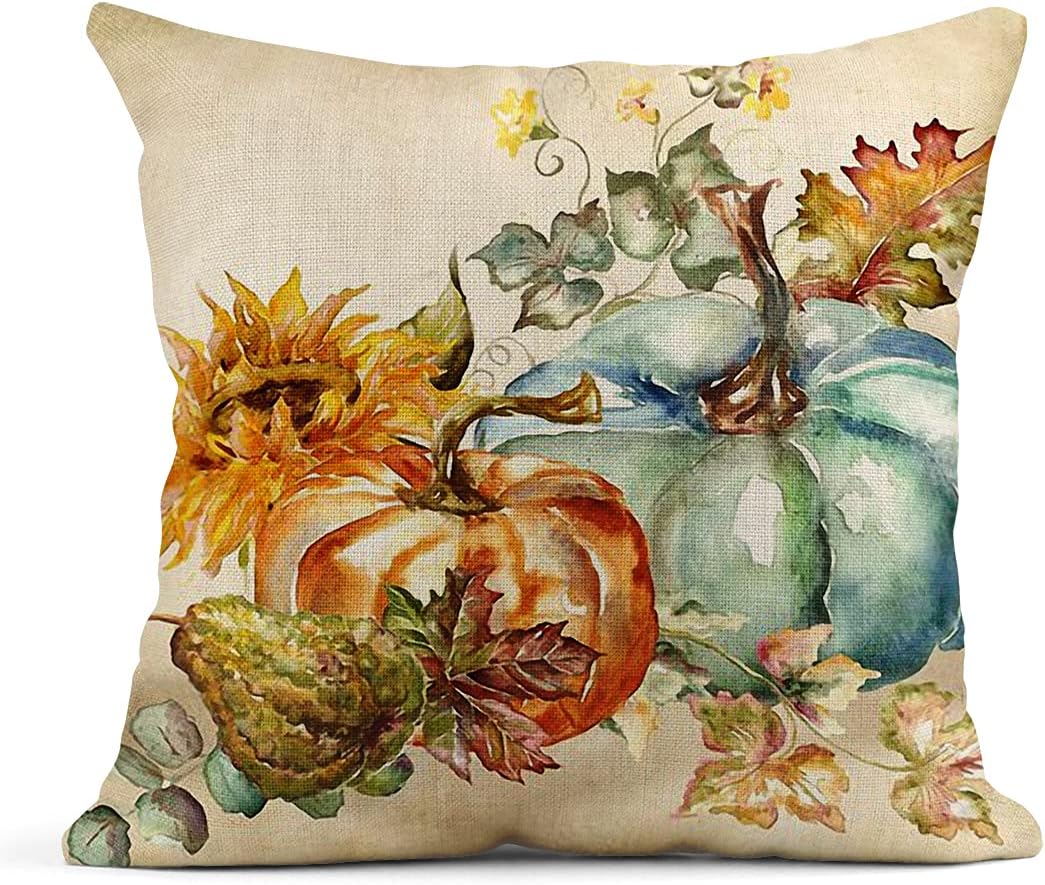 rouihot Juego de 4 fundas de almohada cuadradas de lino de 24 x 24 pulgadas, color naranja otoñal, calabaza, acuarela, decoración del hogar, fundas