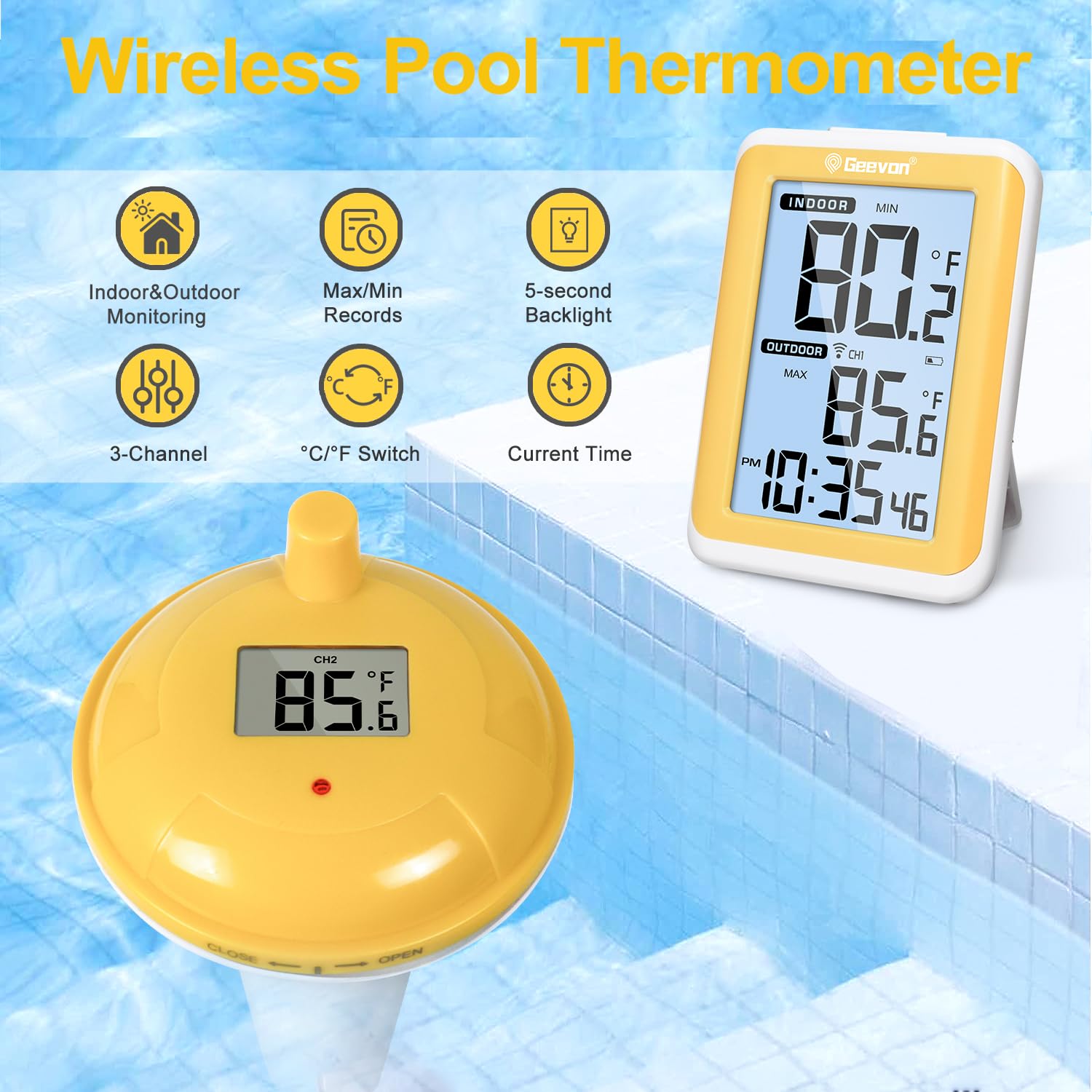 Geevon Termómetro flotante de fácil lectura con pantalla grande, termómetro digital impermeable mejorado para piscina, estanques pequeños,