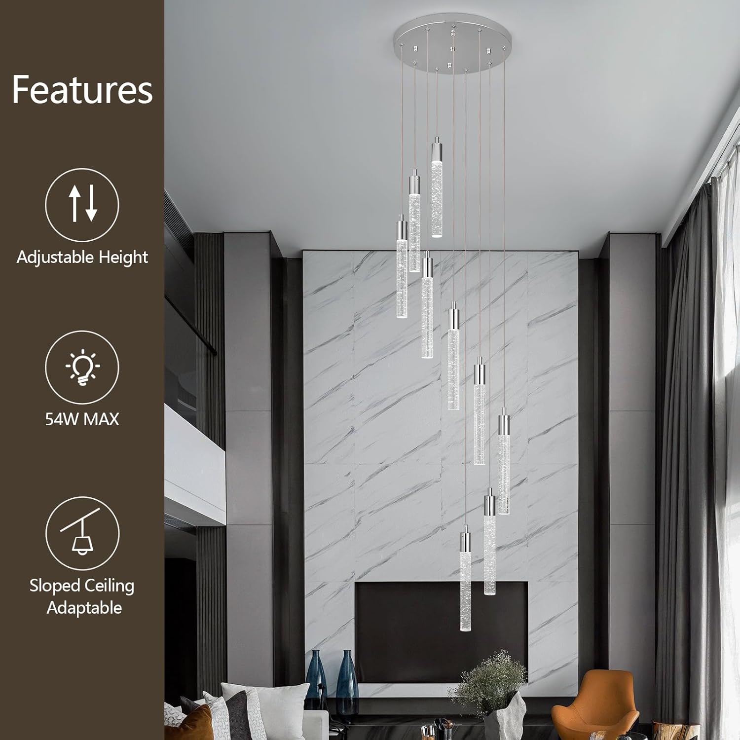 Lámpara colgante de cristal cromado, 9 luces, regulable, 54 W, 6000 K, escalera, grande, vestíbulo, sala de estar, vestíbulo, techo alto