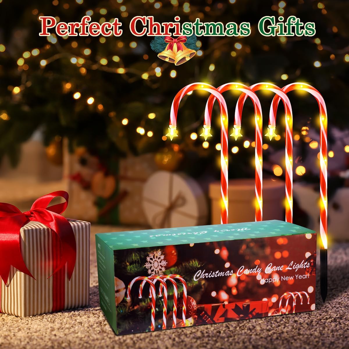 24 decoraciones navideñas para exteriores, 144 luces LED solares de bastón de caramelo para decoración de Navidad, 8 modos de luces solares de