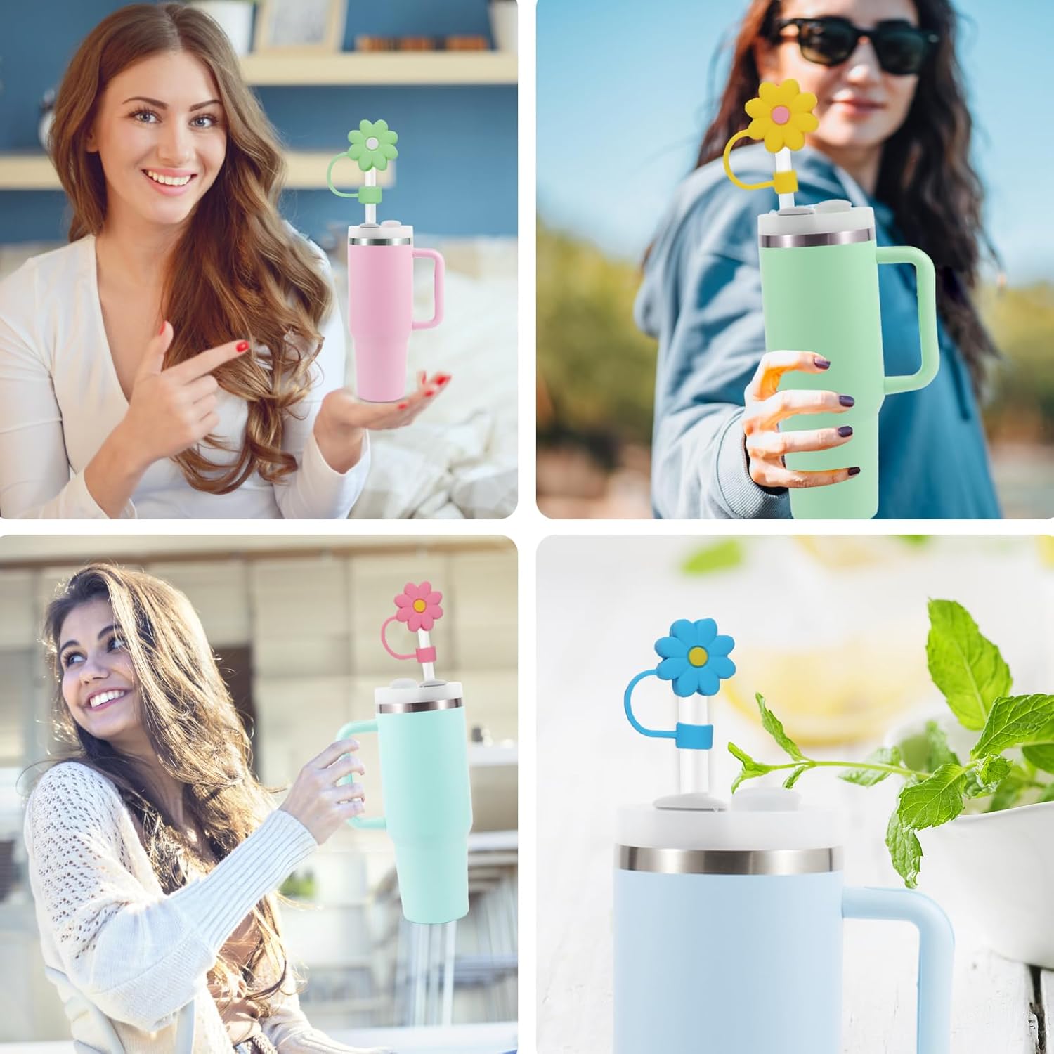 10 fundas de paja de silicona con diseño de flores para copa Stanley, fundas reutilizables para popotes compatibles con Stanley de 30 y 40 onzas,