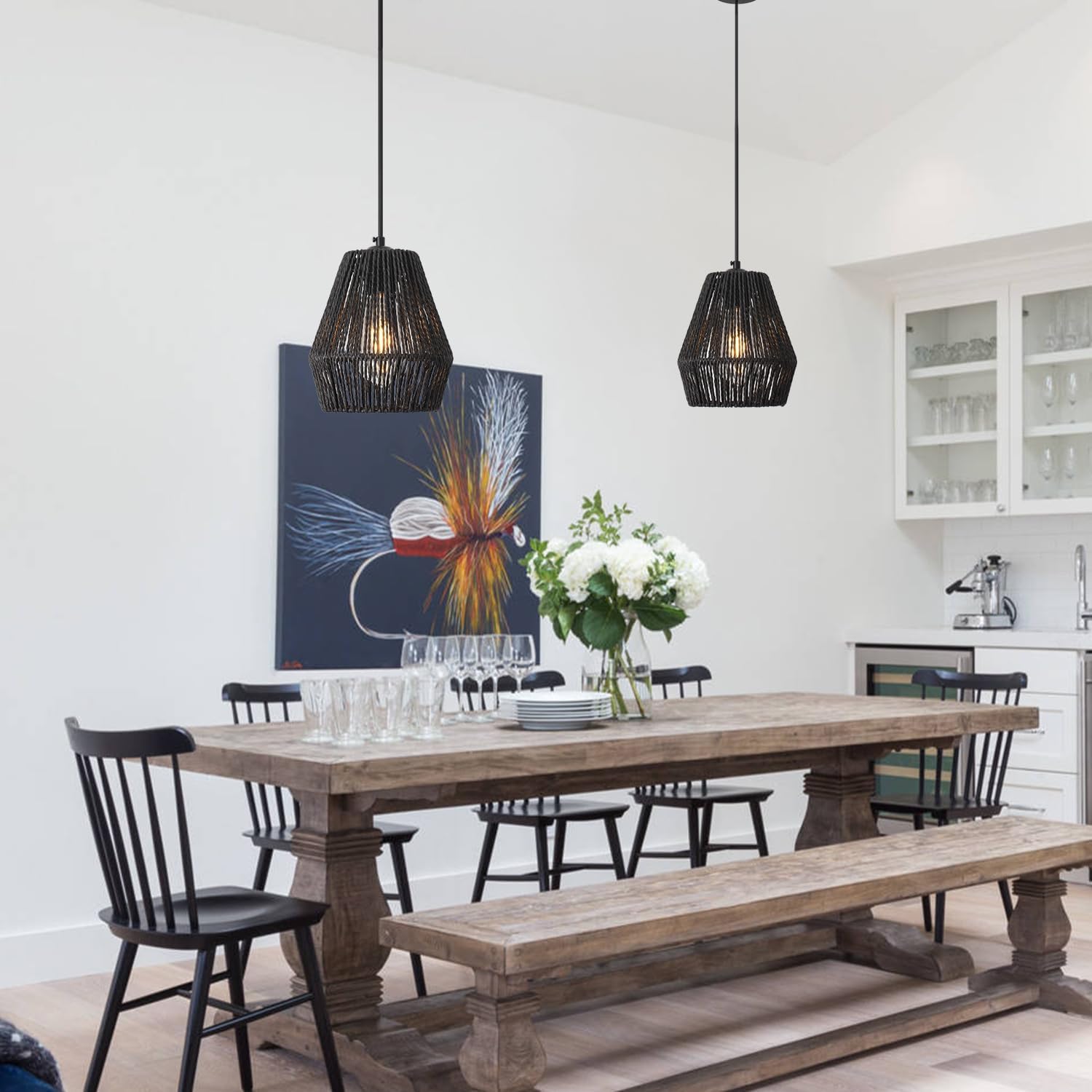 Lámpara colgante de ratán tejido negro, lámpara colgante de granja de 7 pulgadas, pantalla tejida a mano, moderna lámpara bohemia para cocina, isla,