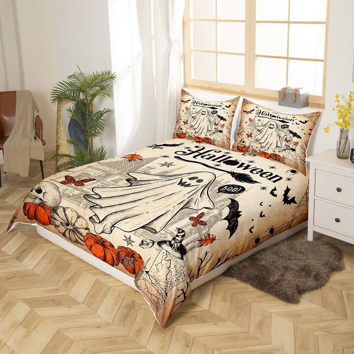 Lindo juego de funda de edredón de fantasma, tamaño individual para niños y niñas, juego de ropa de cama de calabaza y calavera de azúcar, funda de