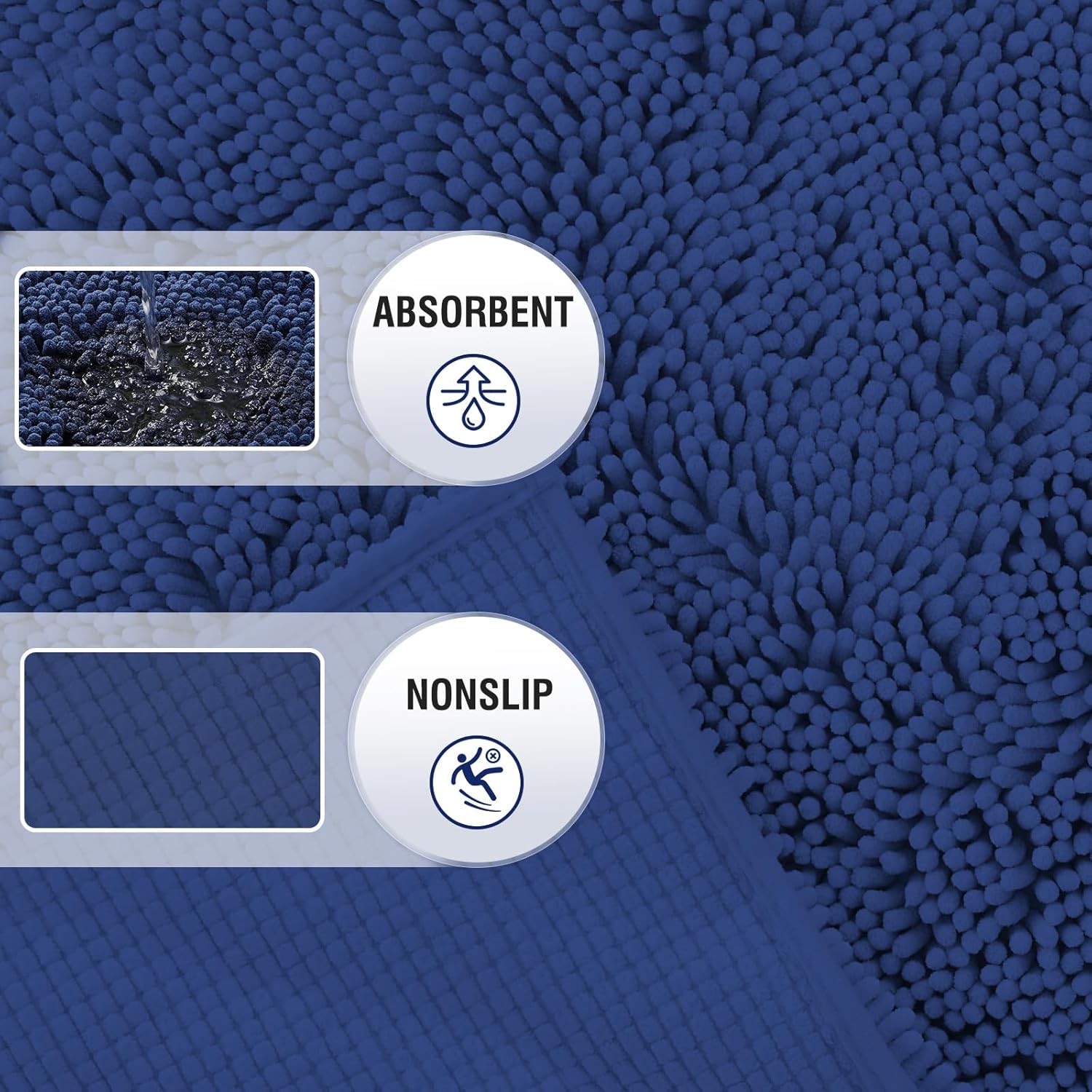 TECHMILLY Tapetes de baño de felpilla suave y esponjosa, antideslizantes, absorbentes, para baño, lavables y de secado rápido, color azul marino, 17