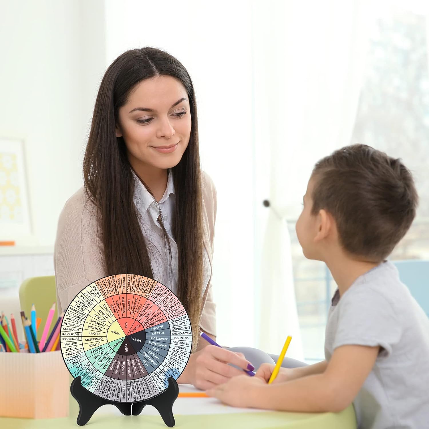 Tatuo Rueda de sentimientos de acrílico de 8 pulgadas con soporte, tabla de emociones, decoración de oficina para mujeres, regalos de salud mental,
