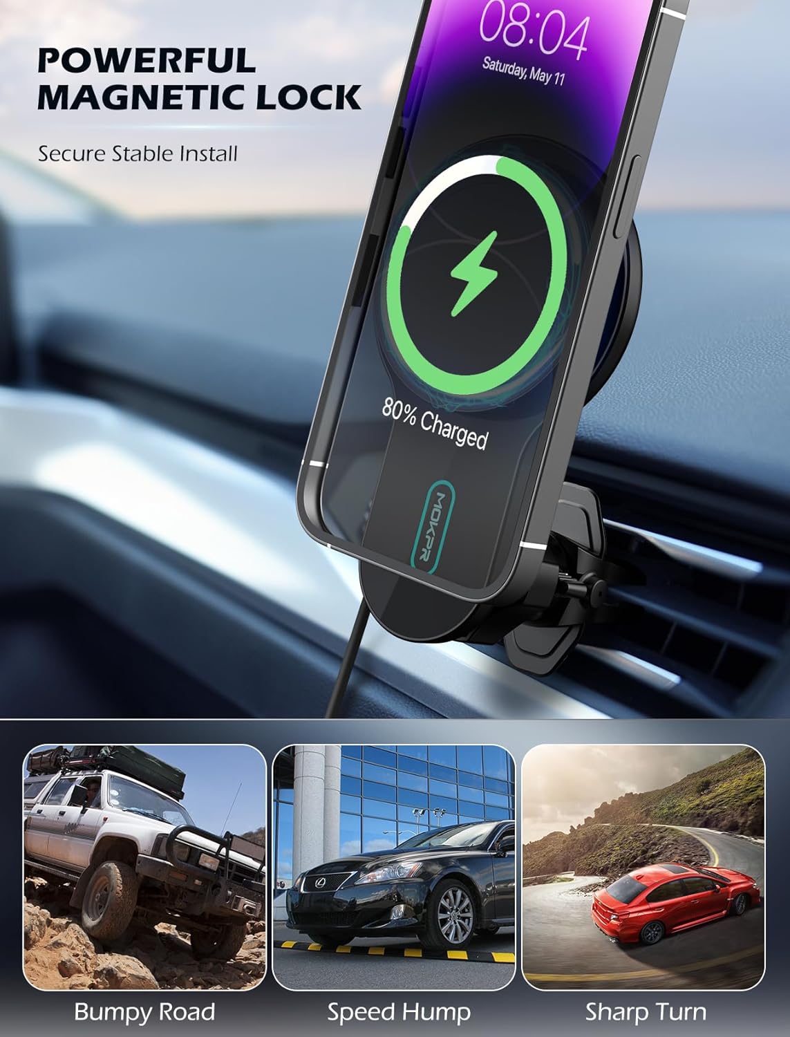 MOKPR Cargador de coche MagSafe para automóvil, disipación de calor de 15 W, cargador inalámbrico para automóvil, carga rápida, soporte magnético