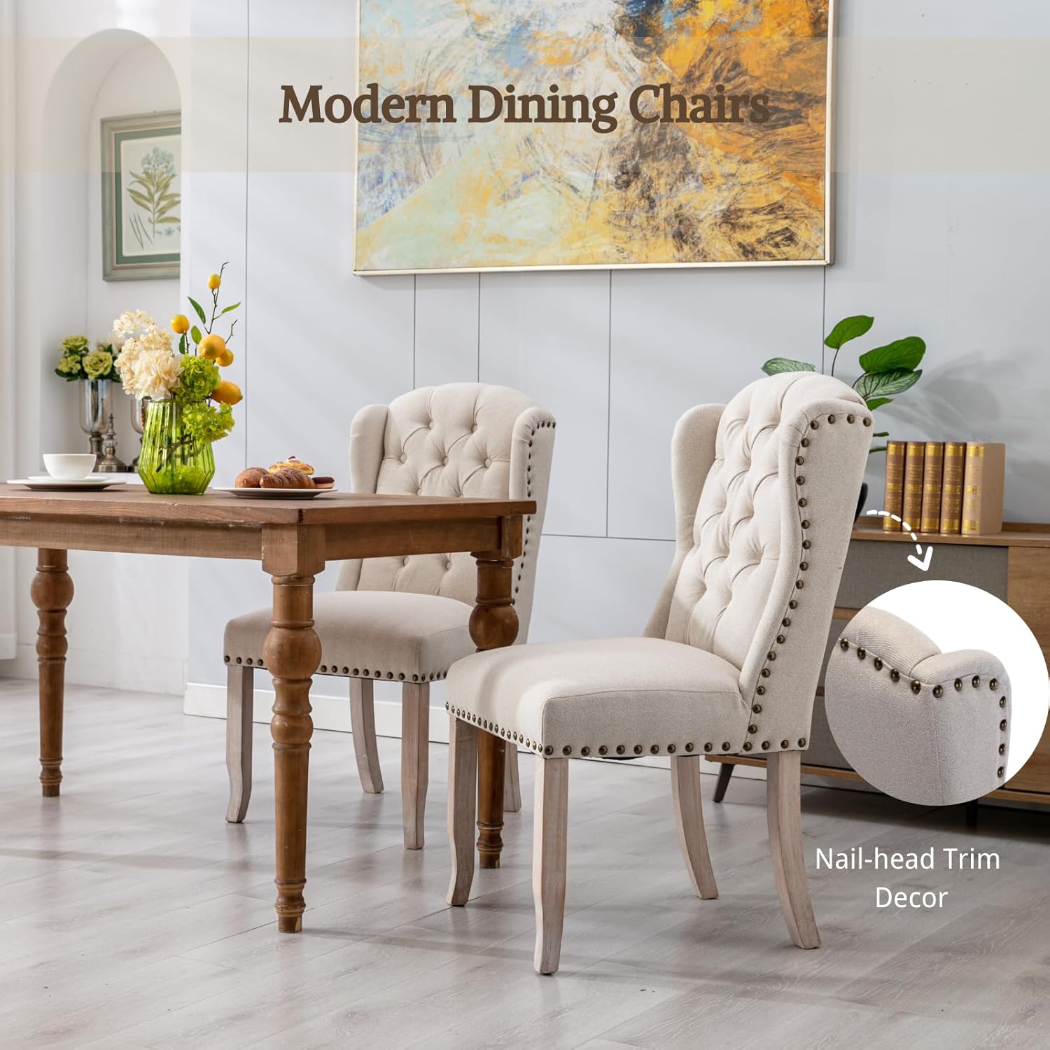 HEAH-YO Juego de 2 sillas de comedor modernas, sillas de cocina tapizadas con patas de madera y clavos de cobre, sillas copetudas sin brazos para