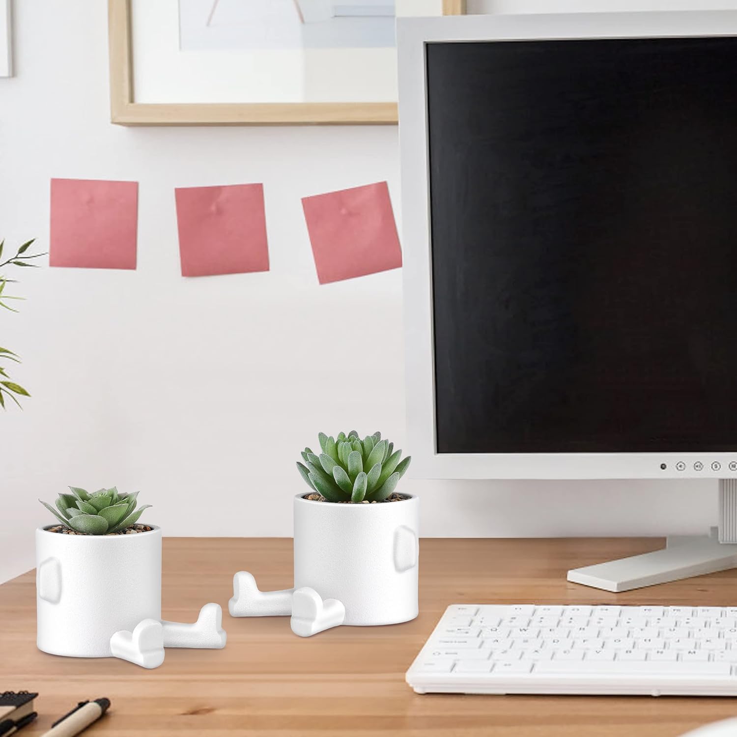 WOODWORD Plantas suculentas falsas de escritorio en blanco macetas de cerámica modernas con forma humana para decoración de escritorio para plantas