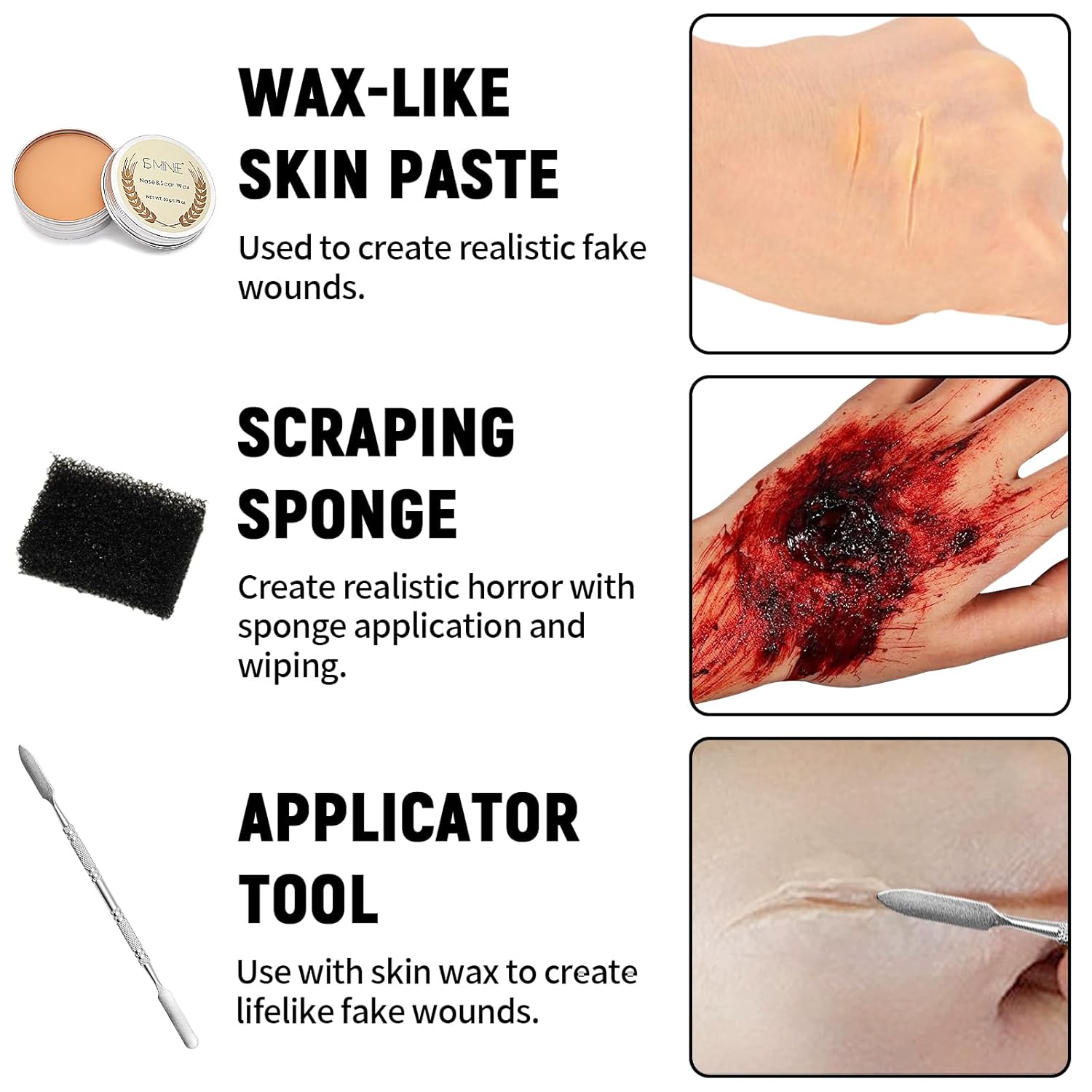 Kit de maquillaje SFX de cera para cicatrices de 6 piezas con spray de sangre falsa coagulada de gel de sangre coagulada, herramienta de espátula,