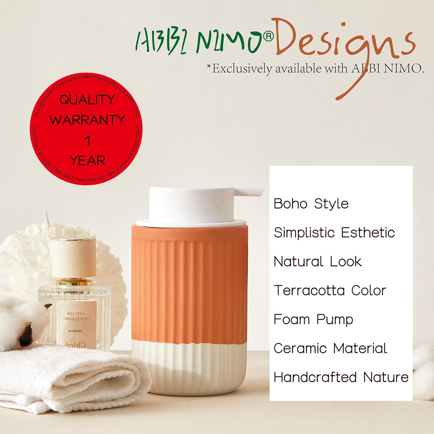 ABBI NIMO Paquete de 2 dispensadores de espuma de cerámica para manos, color terracota, dispensador de espuma de burbujas onduladas naturales,