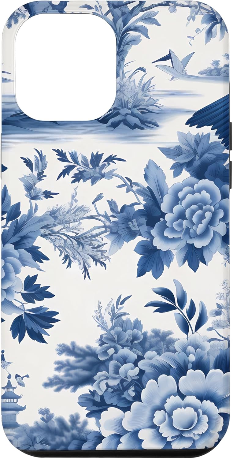 Funda clásica para iPhone 12 Pro Max Chinoiserie botánica con diseño de pájaro floral y azul