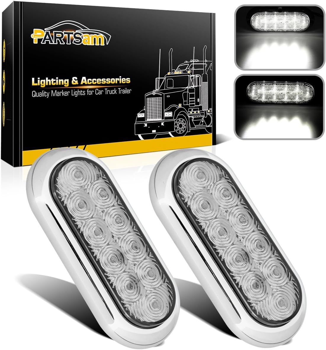 Partsam 2 x 6 luces LED ovaladas blancas para remolque, 10 luces LED transparentes oblongas para remolque, camión, luz de respaldo inversa, montaje