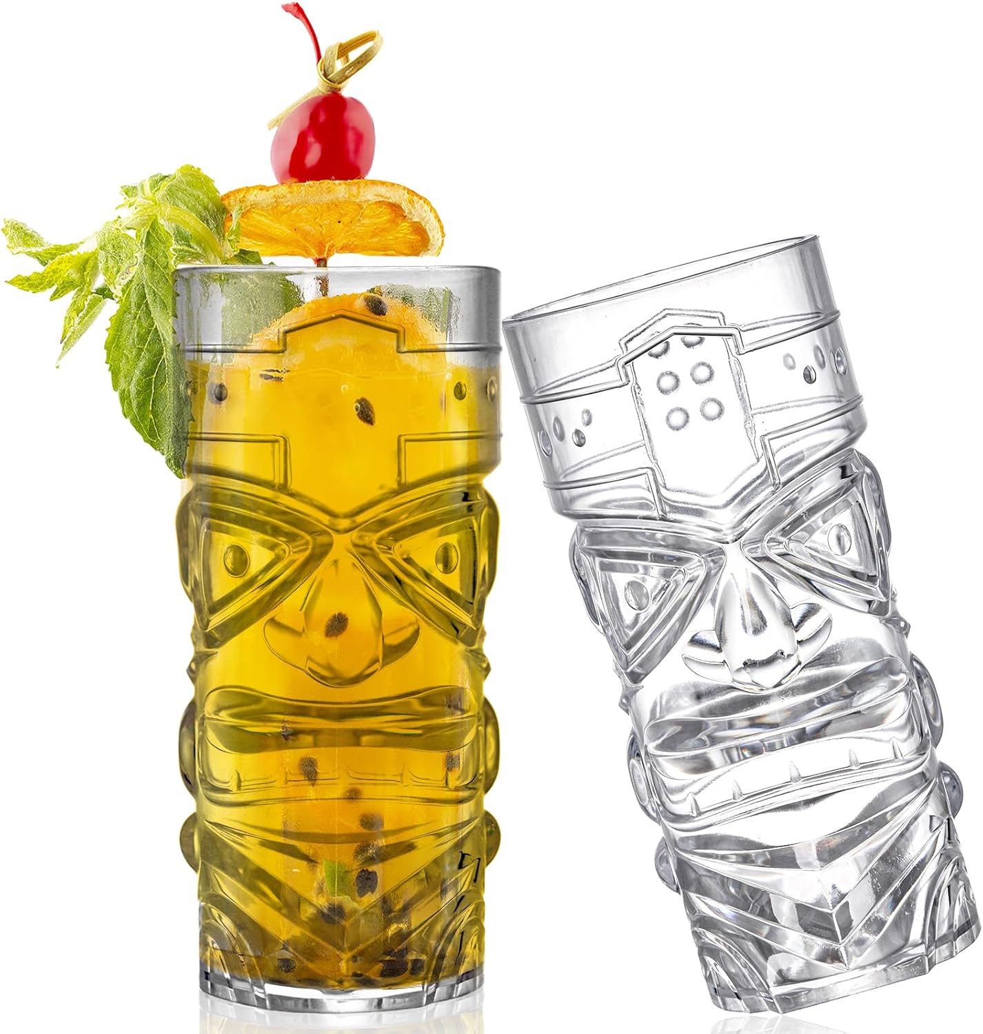 Okllen Paquete de 8 tazas Tiki de plástico, tazas de cóctel Tiki transparentes de 16 onzas, vasos trapicales elegantes para bar moderno, fiesta