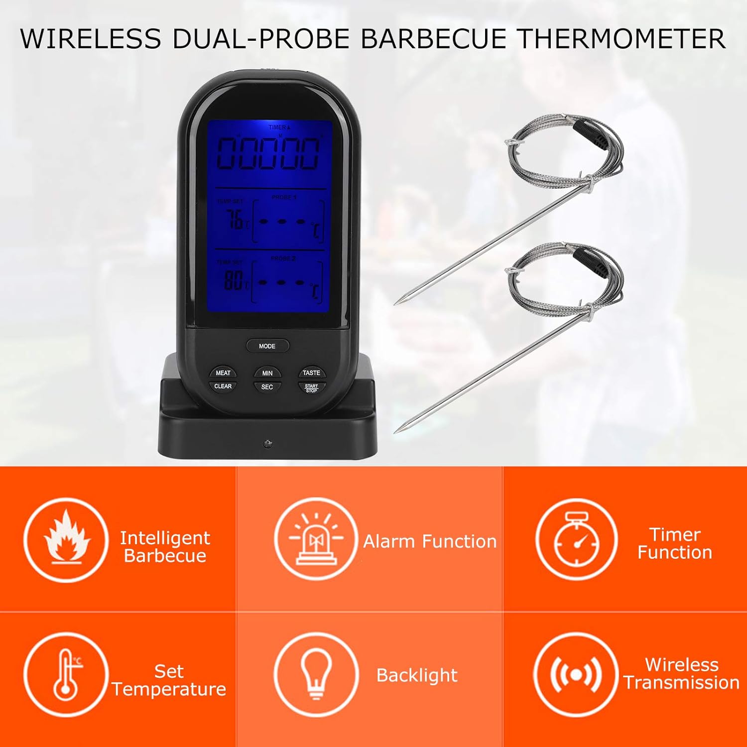 Termómetro digital para alimentos, termómetro remoto inalámbrico para alimentos con sonda doble, accesorio para cocina, barbacoa, parrilla