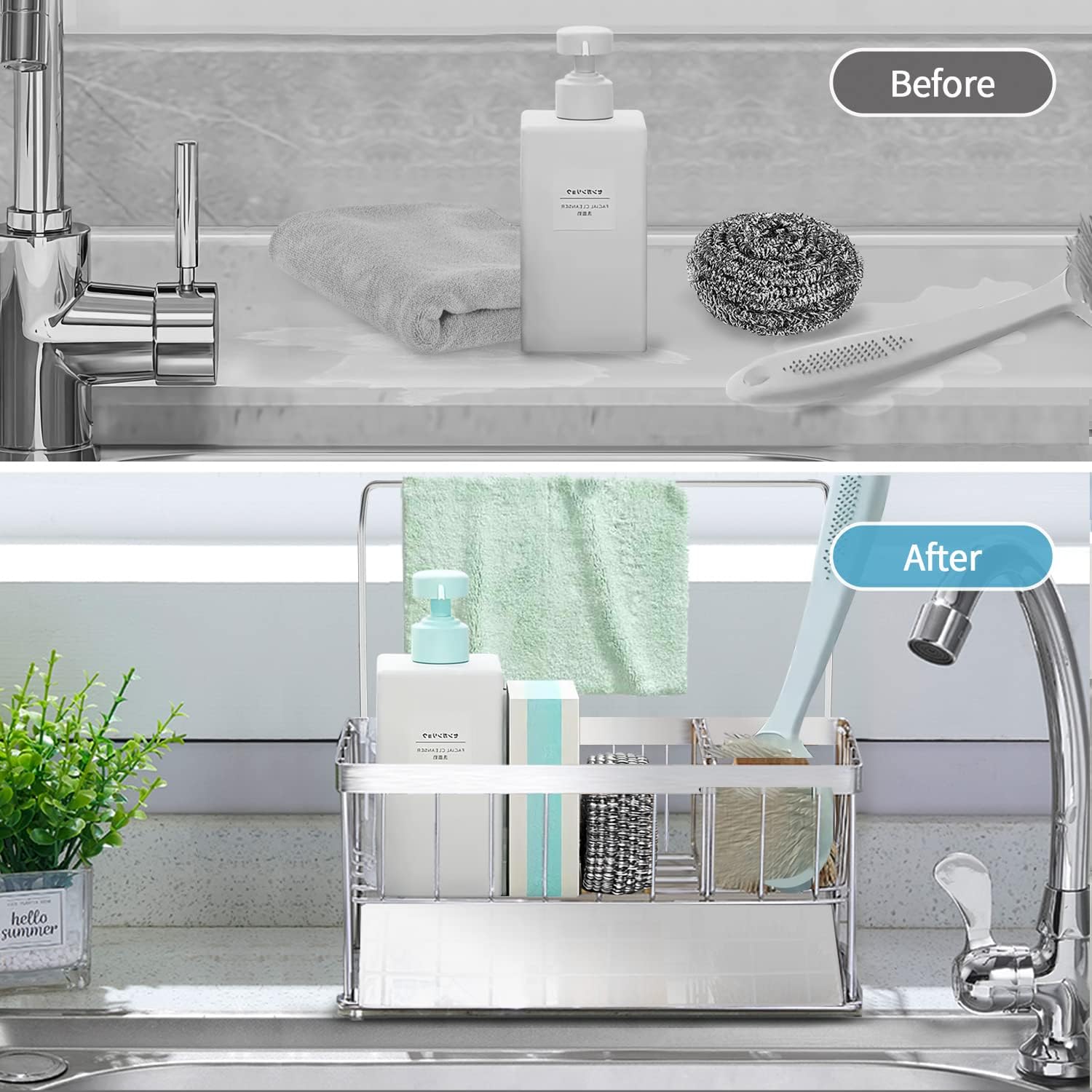 Soporte de esponja para fregadero de cocina, organizador de acero inoxidable 304 dispensador de jabón de cocina con bandeja de drenaje automático,