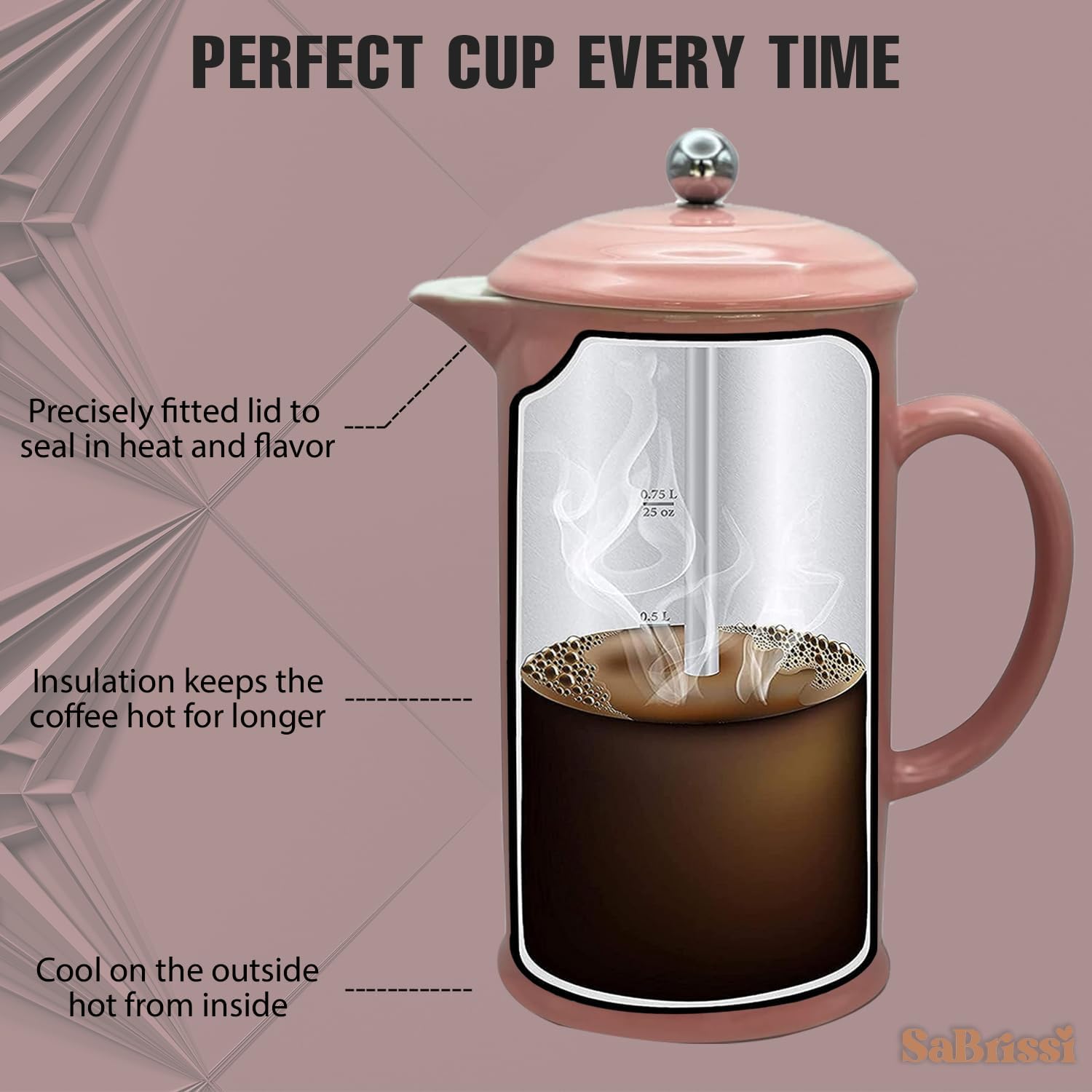 Cafetera de prensa francesa, cerámica vintage, 34 onzas, con aislamiento, retención de calor, apta para lavavajillas (rosa)