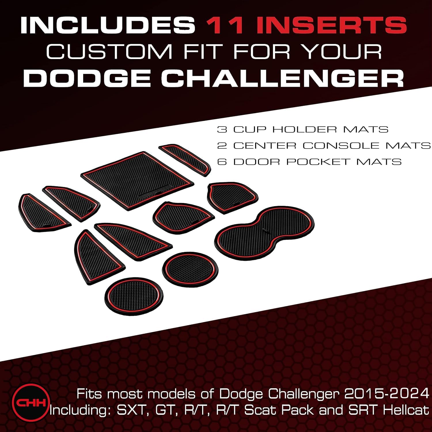 CupHolderHero Compatible con accesorios Dodge Challenger 2015-2024 Premium Custom Interior Antipolvo Antipolvo Insertos portavasos, tapetes de