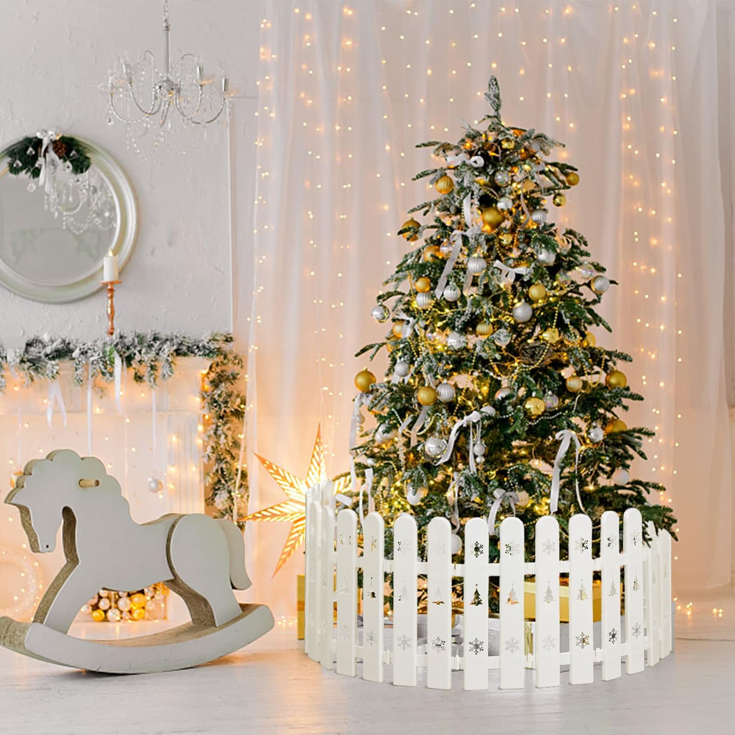 Decoración de vallas de árbol de Navidad, 30 piezas de valla de plástico blanco para puerta del árbol de Navidad, borde de valla de árbol de