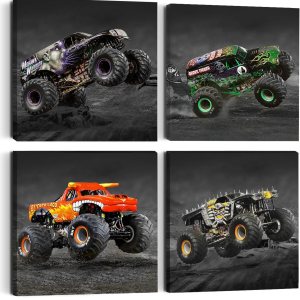 4 piezas de decoración de la habitación del coche, camión, lienzo enmarcado para decoración de habitación de niños, acuarela, caricatura, coche, 4 piezas de decoración de la habitación del coche, camión, lienzo enmarcado para decoración de habitación de niños, acuarela, caricatura, coche,