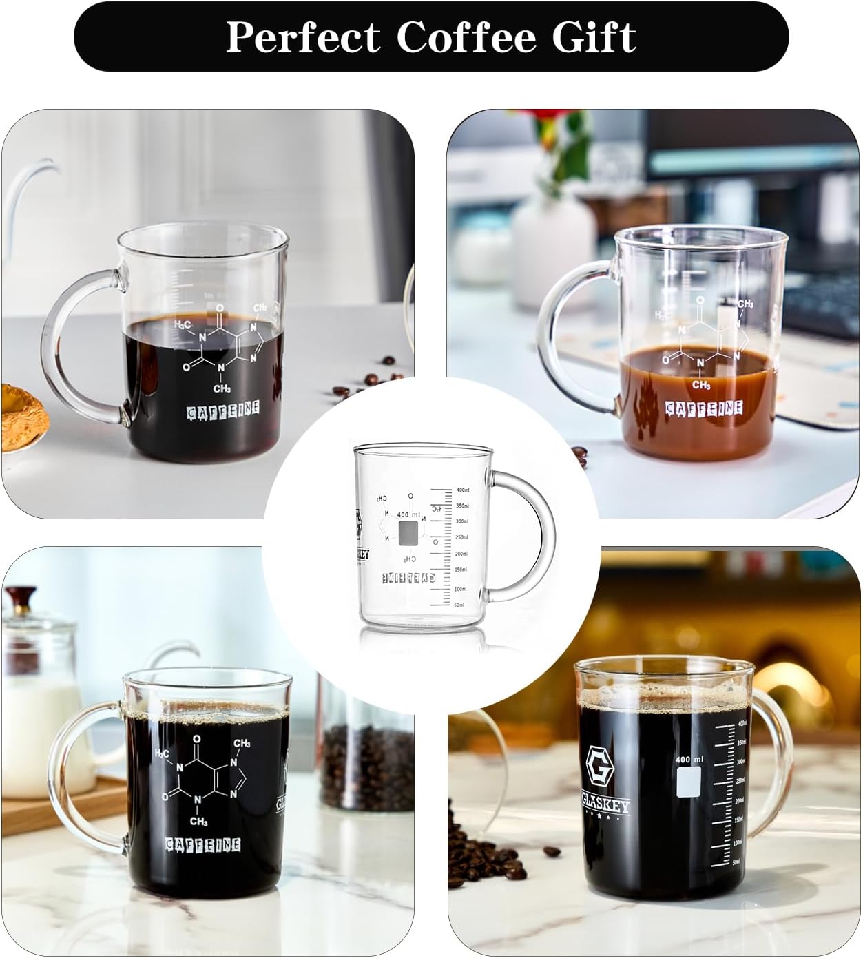 Taza de vaso de cafeína, taza de cafeína de borosilicato antigoteo de 16 onzas, tazas de café frescas con asa, taza de química, medición para café,