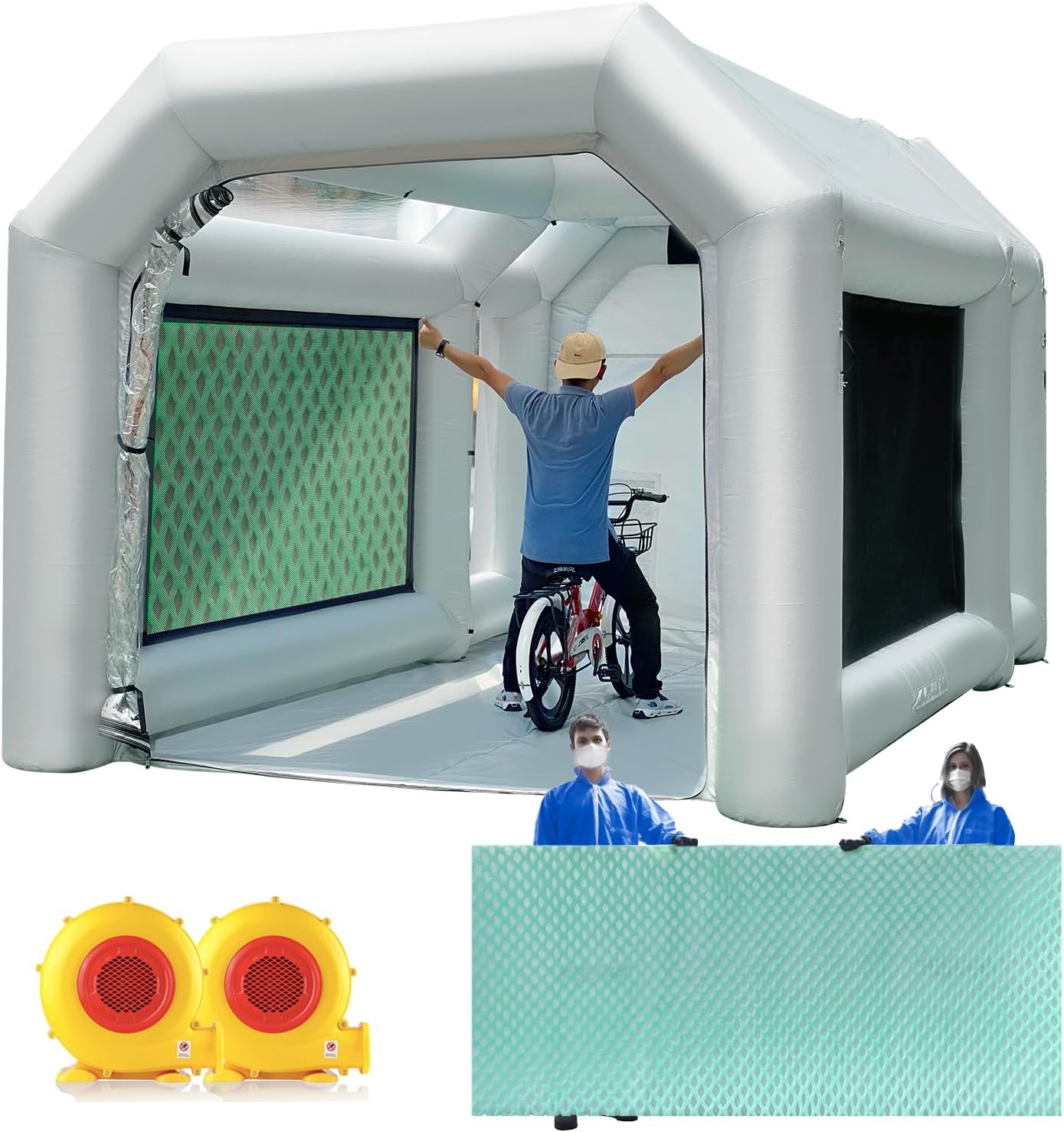 WARSUN Cabina de pintura inflable de 14 x 10 x 8.5 pies con filtros dobles y de gran tamaño y dos sopladores (480 W + 370 W) más duradera y portátil