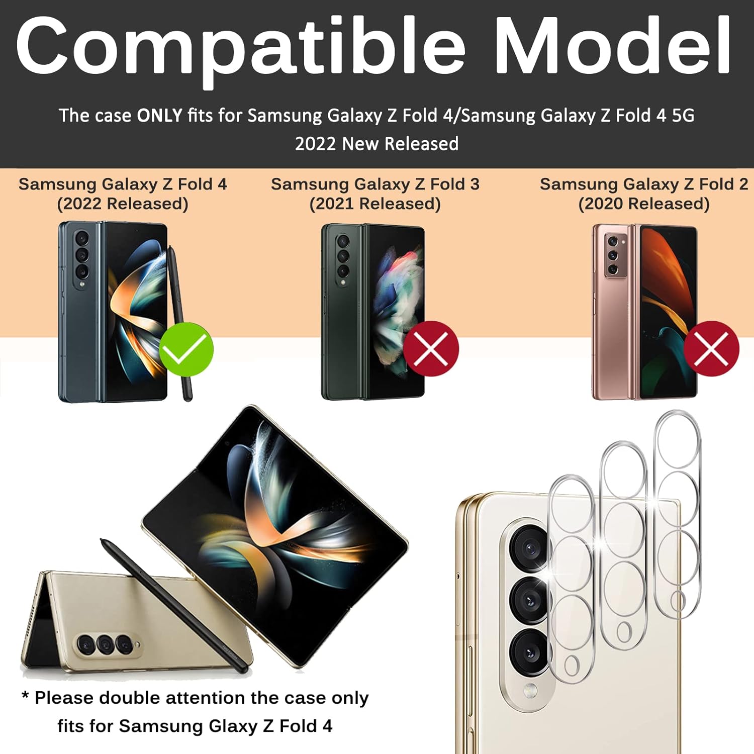 Miimall Paquete de 3 protectores de lente de cámara compatibles con Samsung Galaxy Z Fold 4, vidrio templado de dureza 9H, antiarañazos, película