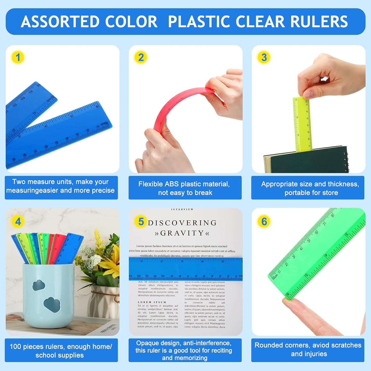 100 reglas flexibles de plástico a granel de 6 pulgadas con pulgadas y centímetros, regla pequeña de medición recta, herramientas de dibujo para