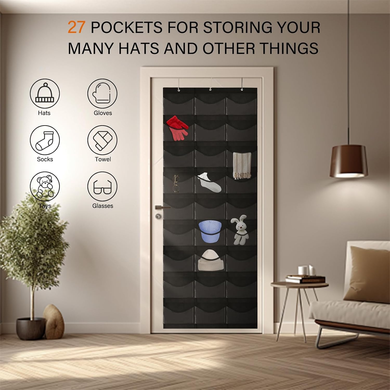 27 Pockets Hat Rack For Baseball Caps, Baseball Hat Organizer for Wall&Over the Door, Caps Hat Holder Hanger For Closet With Large Clear Pockets