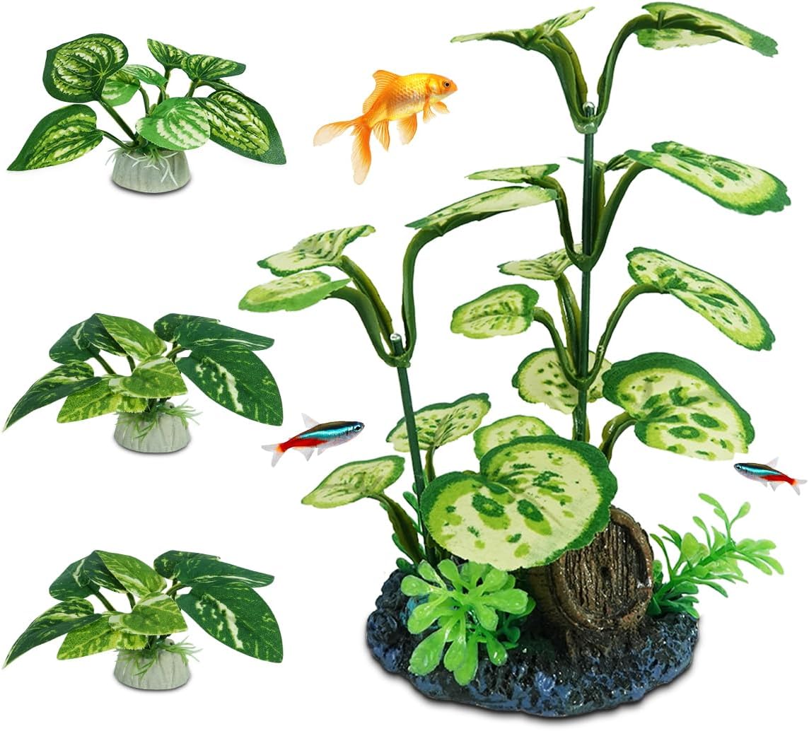 GKPONSX Plantas artificiales de acuario, 4 piezas de decoración de pecera, juego de plantas de seda de plástico para peceras Betta (hierbas verdes,