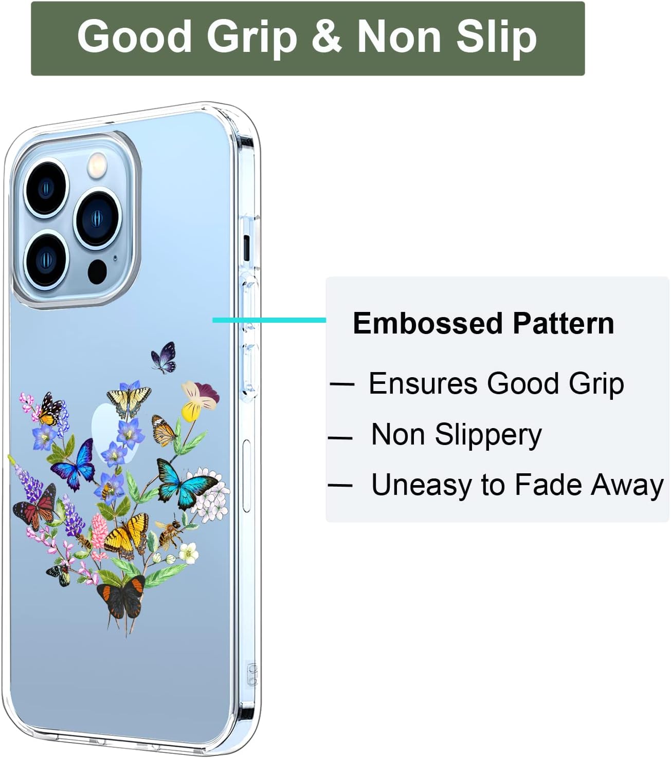 Unov Funda compatible con iPhone 13 Pro Max, transparente con diseño en relieve, patrón floral en relieve, TPU suave, parachoques delgado, protector