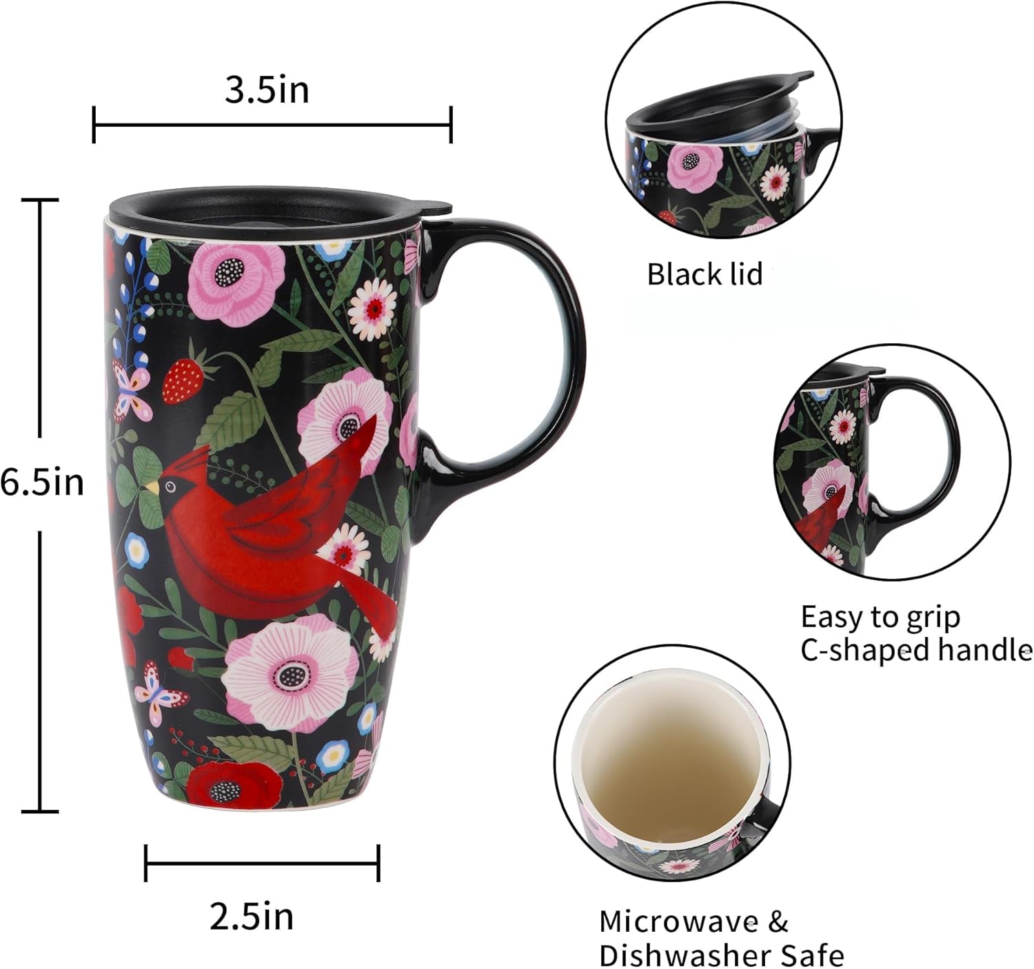 Topadorn Taza de café de cerámica reutilizable, regalo para el hogar y la oficina, 17 oz. Taza de viaje de porcelana con tapa y asa, taza de té de