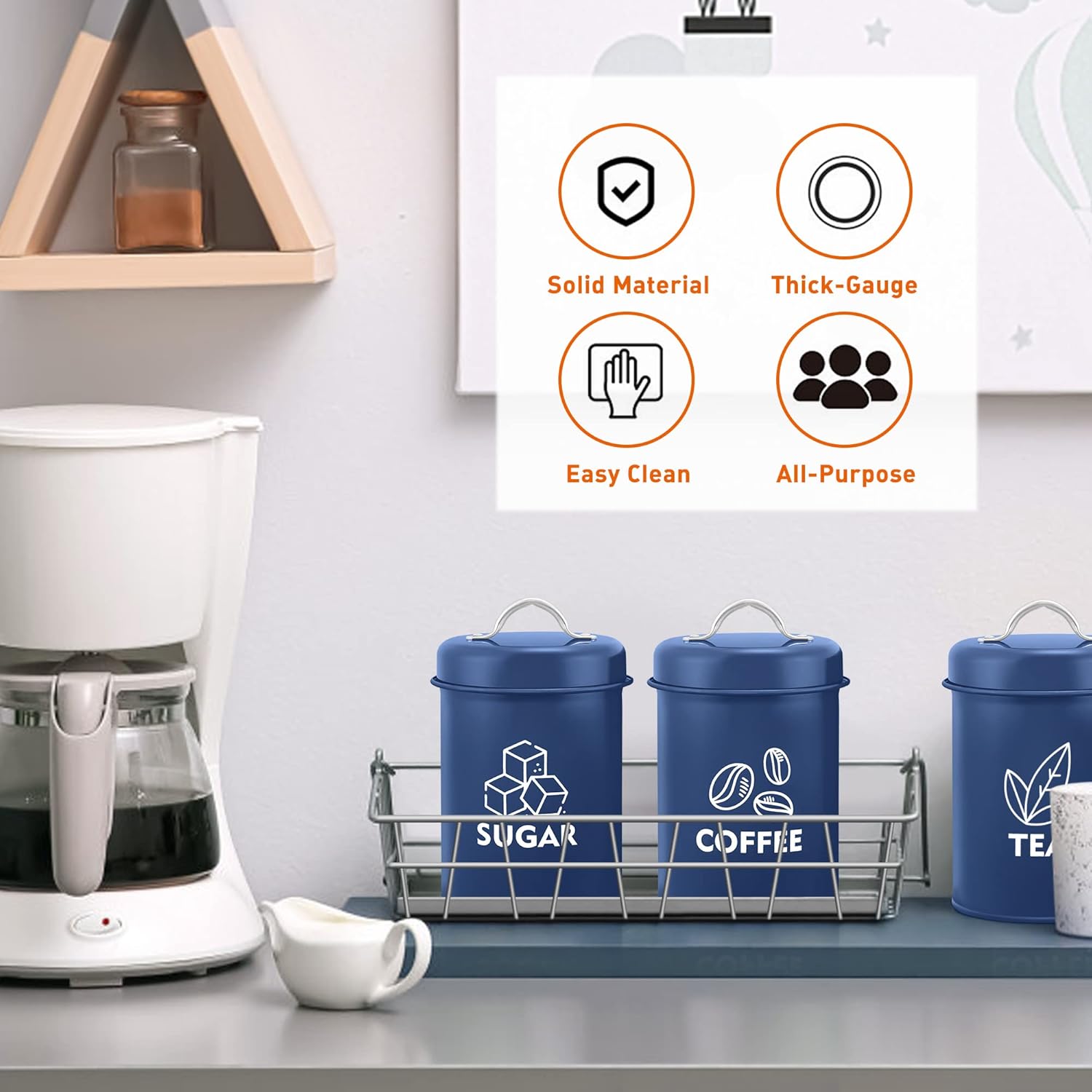 E-far Juego de recipientes para encimera de cocina, 3 piezas de metal para té, café, azúcar con tapa hermética para almacenamiento de alimentos,