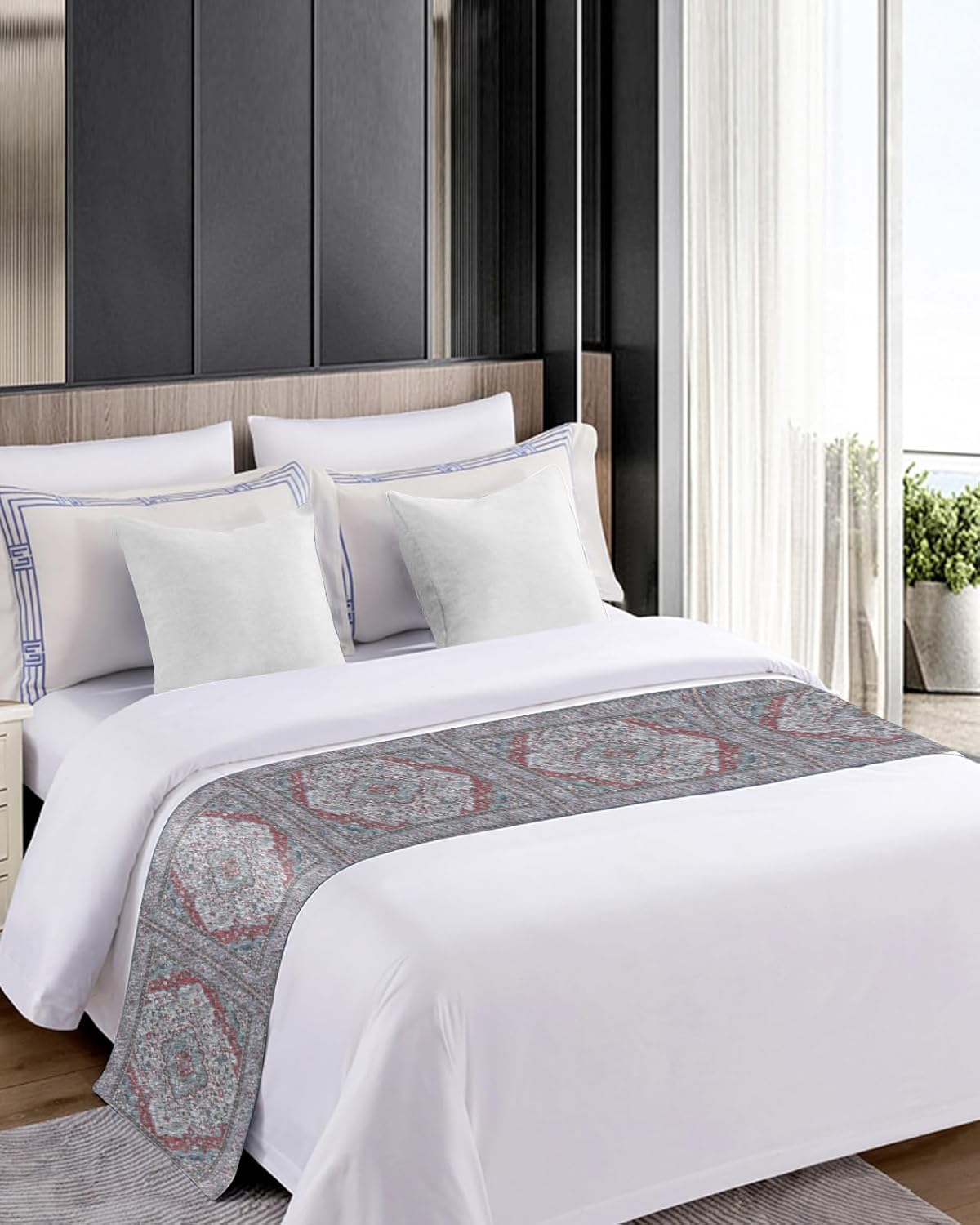 LBHAUSE Camino de cama floral bohemio abstracto para cama de tamaño King, protector de bufanda, manta de cama decorativa para dormitorio, hotel,