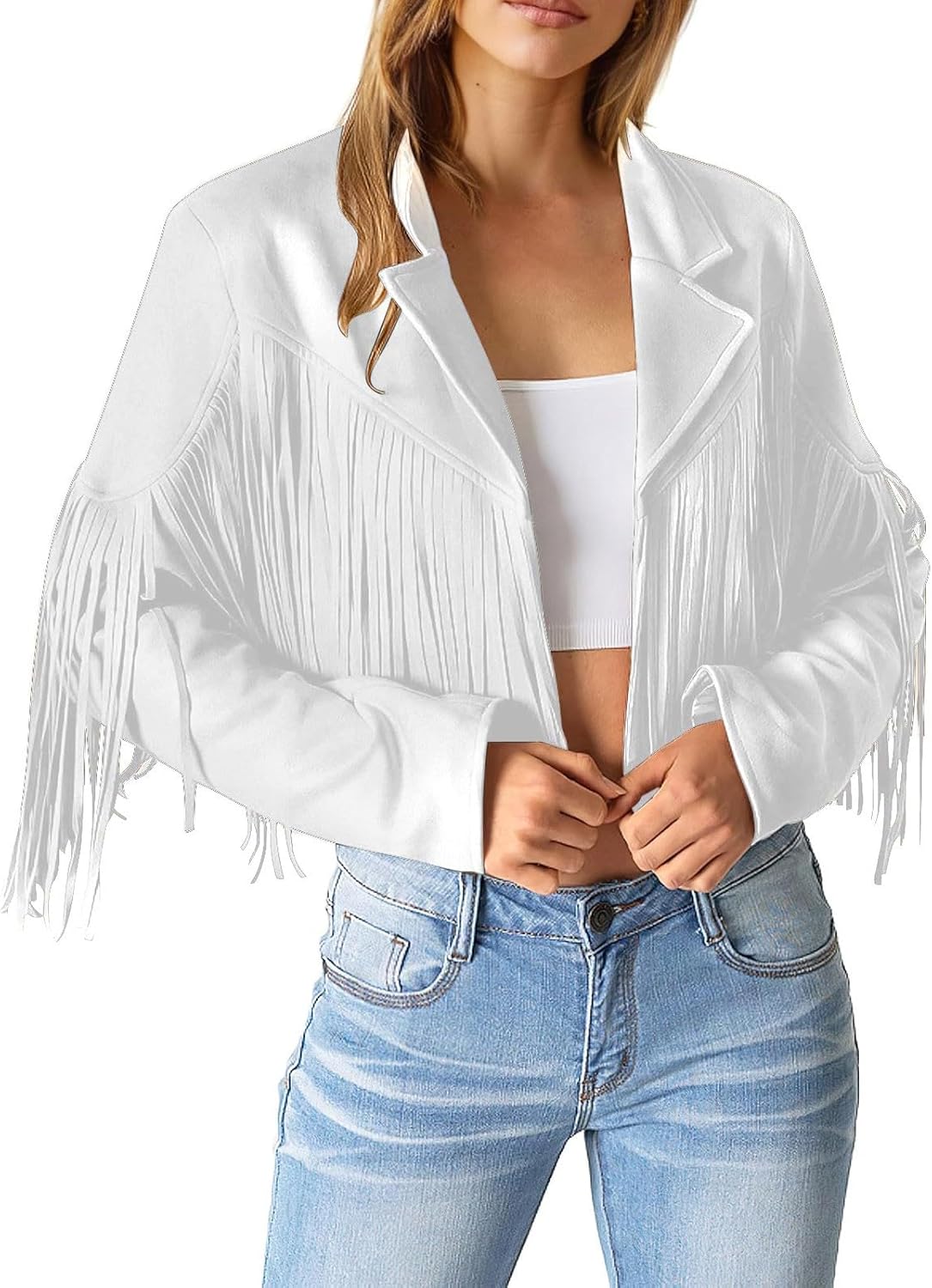 Chaquetas de cuero de ante sintético con flecos para mujer, 2023 otoño invierno manga larga solapa moda borla motocicleta abrigos recortados