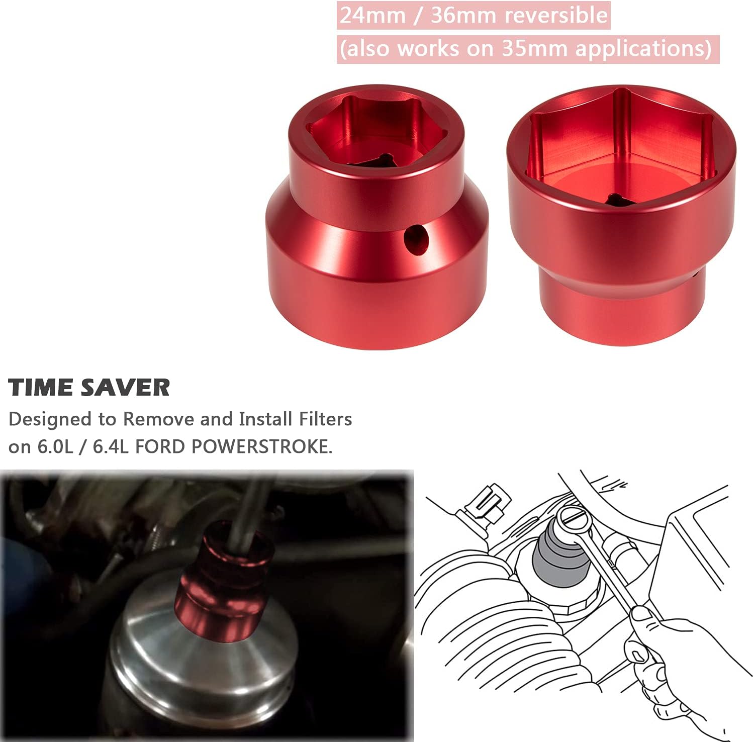 Yoursme Enchufe de filtro de aceite de 0.945 in1.417 in, removedor e instalador de tapa de filtro de combustible para Ford Powerstroke 2003-2010