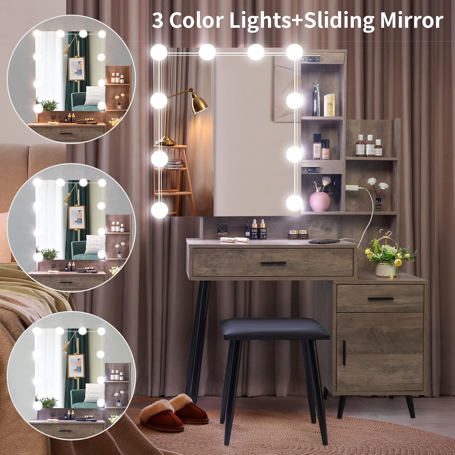 VINGLI Escritorio de tocador gris rústico con espejo deslizante y luces, tocador de maquillaje con 2 cajones, estantes ajustables y una puerta,
