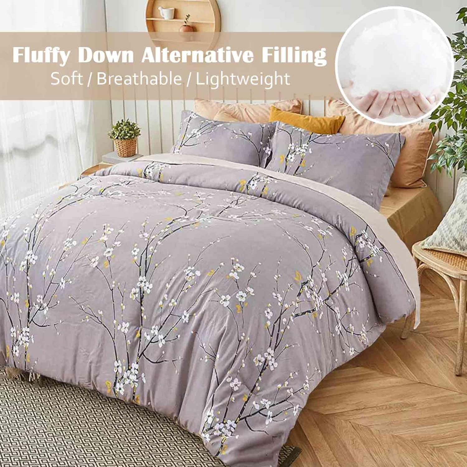 Nanko – Juego de edredón King de 3 piezas de 104 x 90 pulgadas, ropa de cama de microfibra suave con estampado floral gris pastel, edredón acolchado