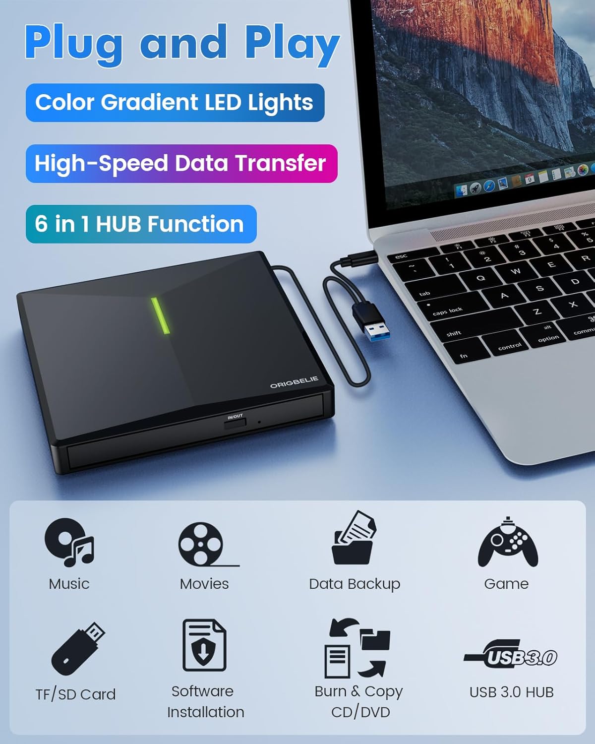 ORIGBELIE Unidad externa de CD y DVD con 4 puertos USB y 2 ranuras para tarjetas TFSD, USB 3.0 portátil CDDVD, reproductor de disco grabador para