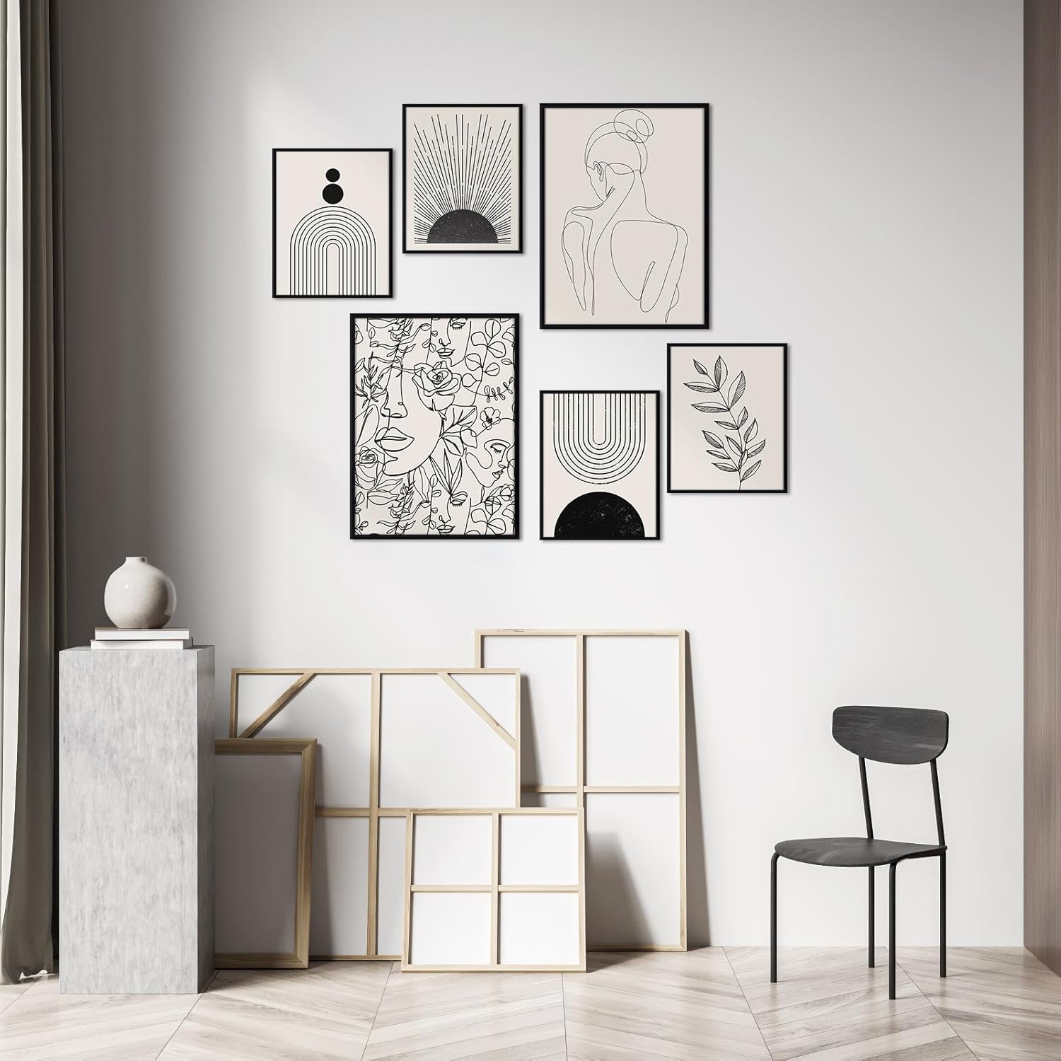 Juego de 6 impresiones artísticas para pared, póster abstracto para exposición, galería minimalista, negro, beige, línea corporal, hoja, bohemio,