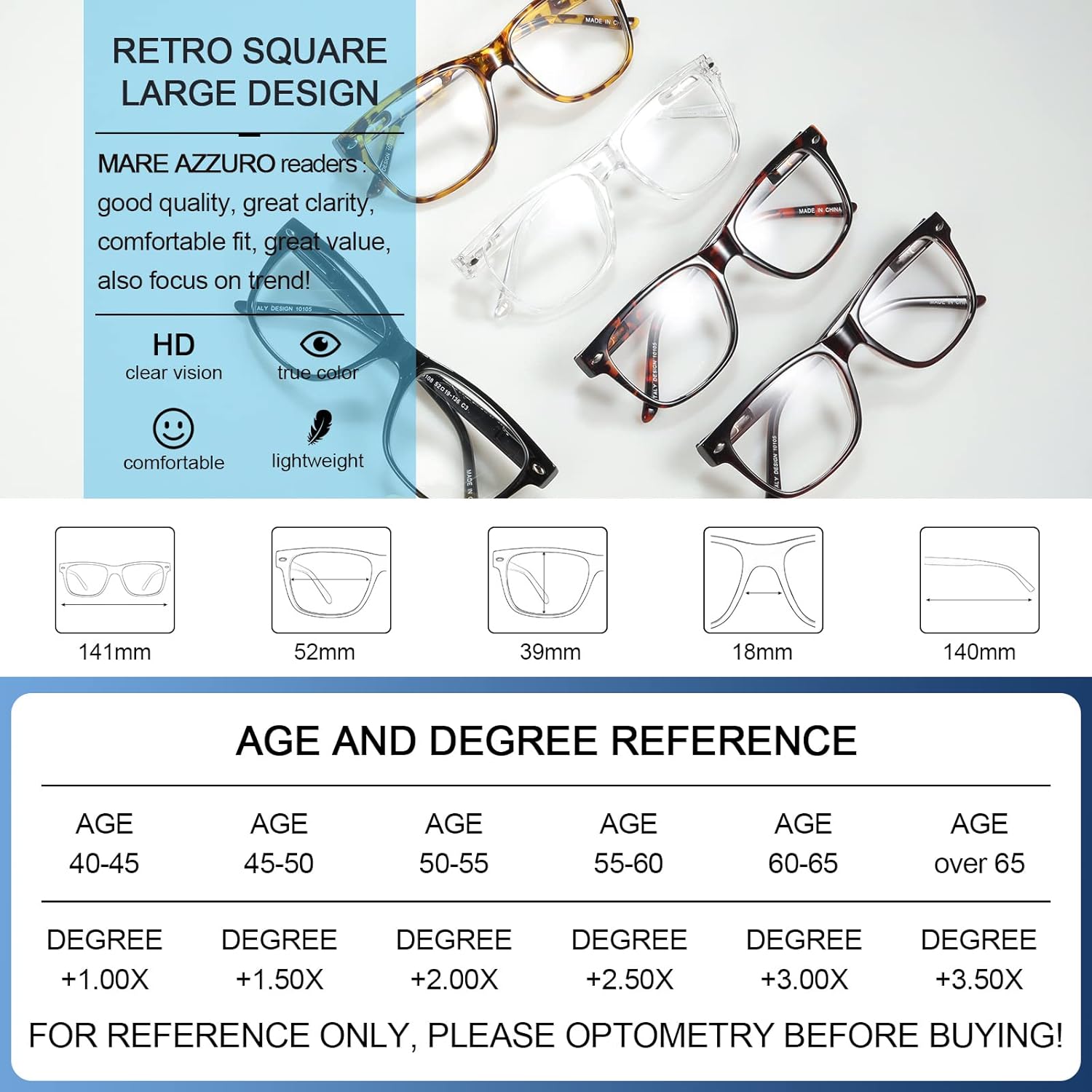 MARE AZZURO Gafas de lectura de marco grande para hombres lectores cuadrados 1.0 1.5 2.0 2.5 3.0 3.5 4.0 5.0 6.0